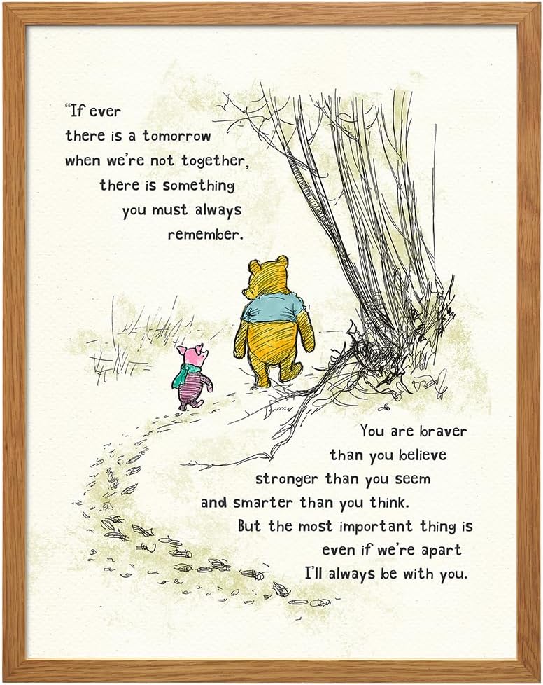 Winnie Pooh Wall Art FRAMED - Kids Wall Art - Boys Room, Baby Nursery Decor - Girls Bedroom Decor, Artwork for Toddlers - Always Remember You Are Braver Than You Believe, A. A. Milne Poster 11x14 Gift