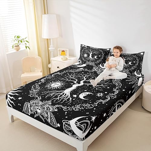 Miniatura 2 de Erosebridal Juego de sábanas de árbol de la vida, sábana bajera ajustable con diseño de sol y luna, diseño de polilla gótica, diseño de calavera de