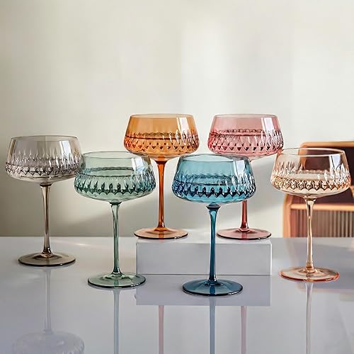 Juego de 6 vasos de Martini de colores, soplados a mano, coloridos vasos de cóctel de 14 onzas, vasos grandes de champán vintage, barra de estilo