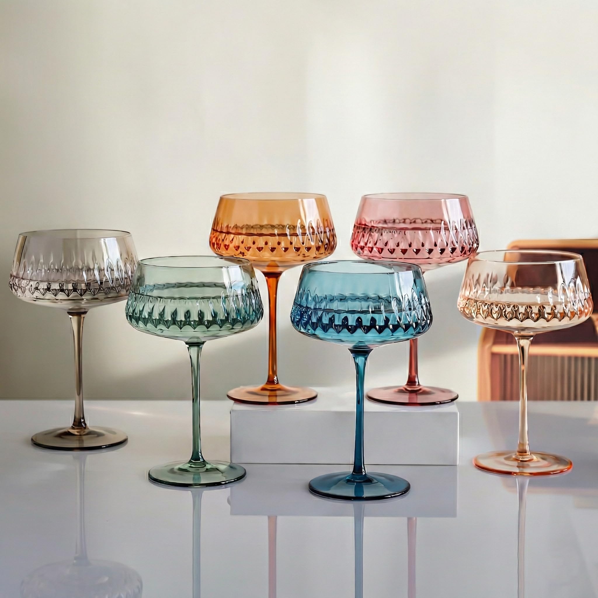 Colored Martini Glasses Set - 6 Hand-Blown Coupe Glasses -1