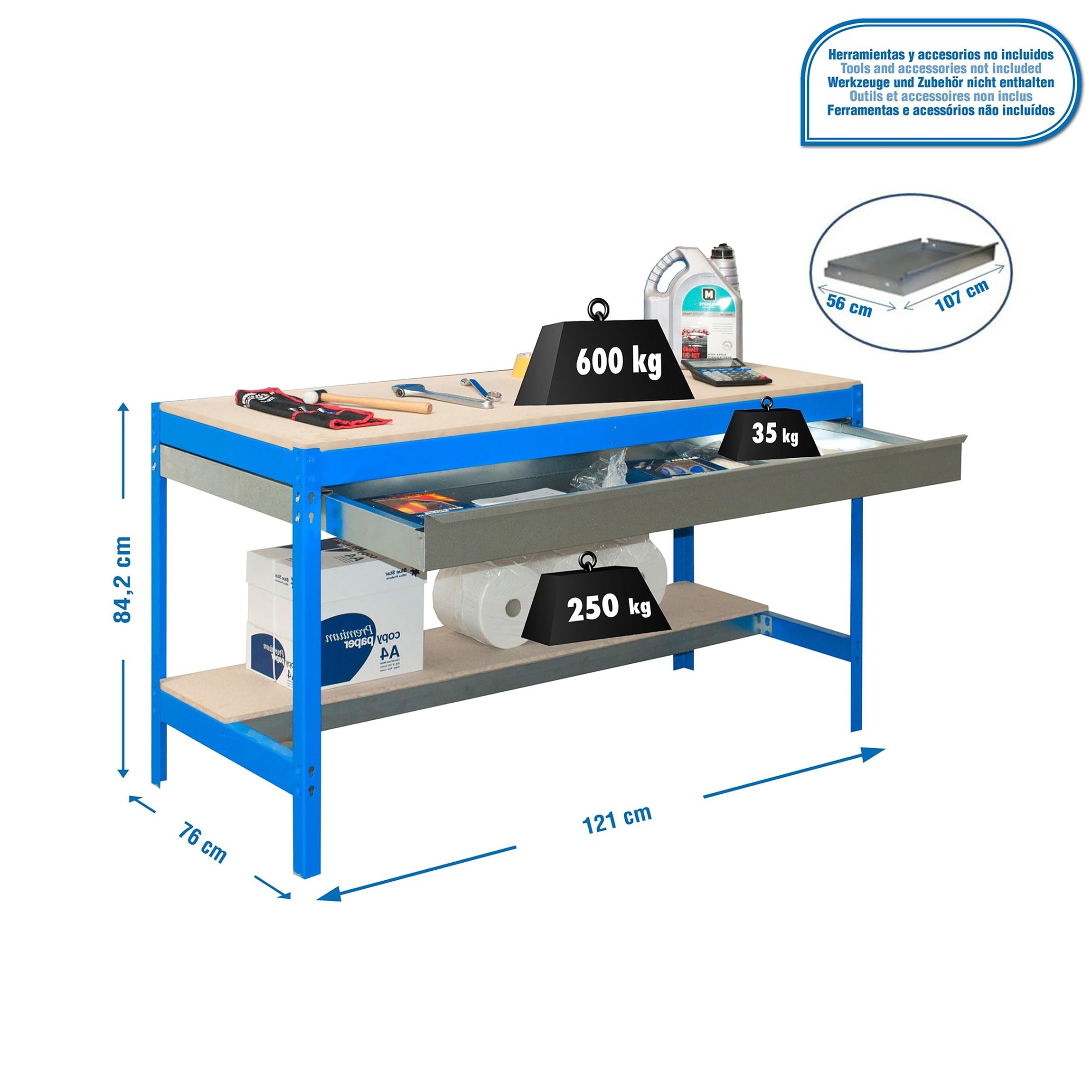 SimonRack Etabli d’Atelier, Capacité de Charge 600 kg, 842x1210x760 mm, Étagère Tiroir de Rangement, Table de Travail Bricolage, Bleu/Bois - BT0