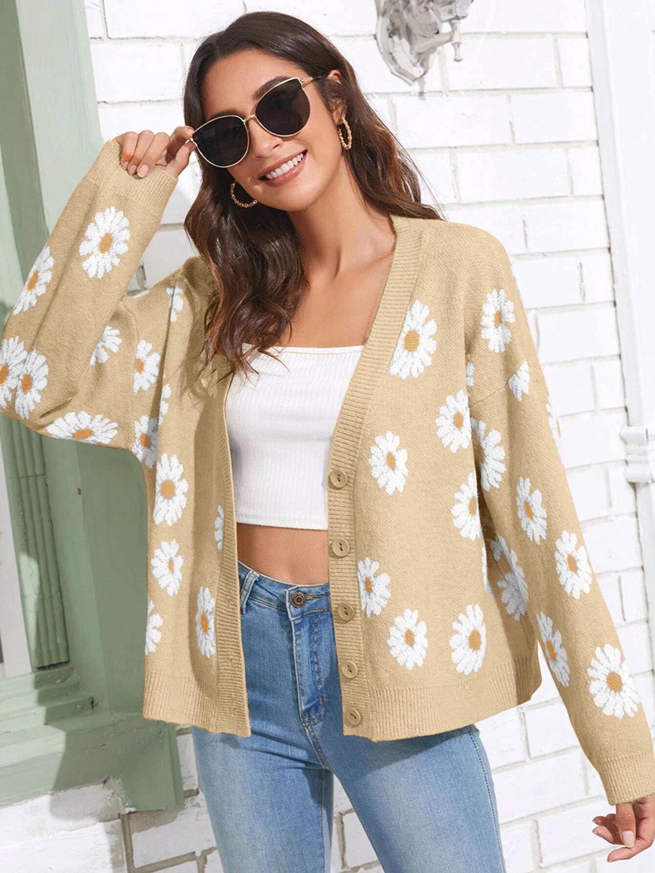Women's Floral Print Cardigan Long Sleeve Open Front Button Down V Neck Knitted Sweaters