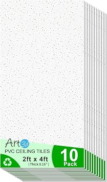 Art3d 24"x48" Stucco Printed Drop Ceiling Tiles, 2x4ft Decorative PVC Ceiling Tiles for Home, Office, Restaurant and Gym, Covering 80 Sq.,ft, 10 Pack, White