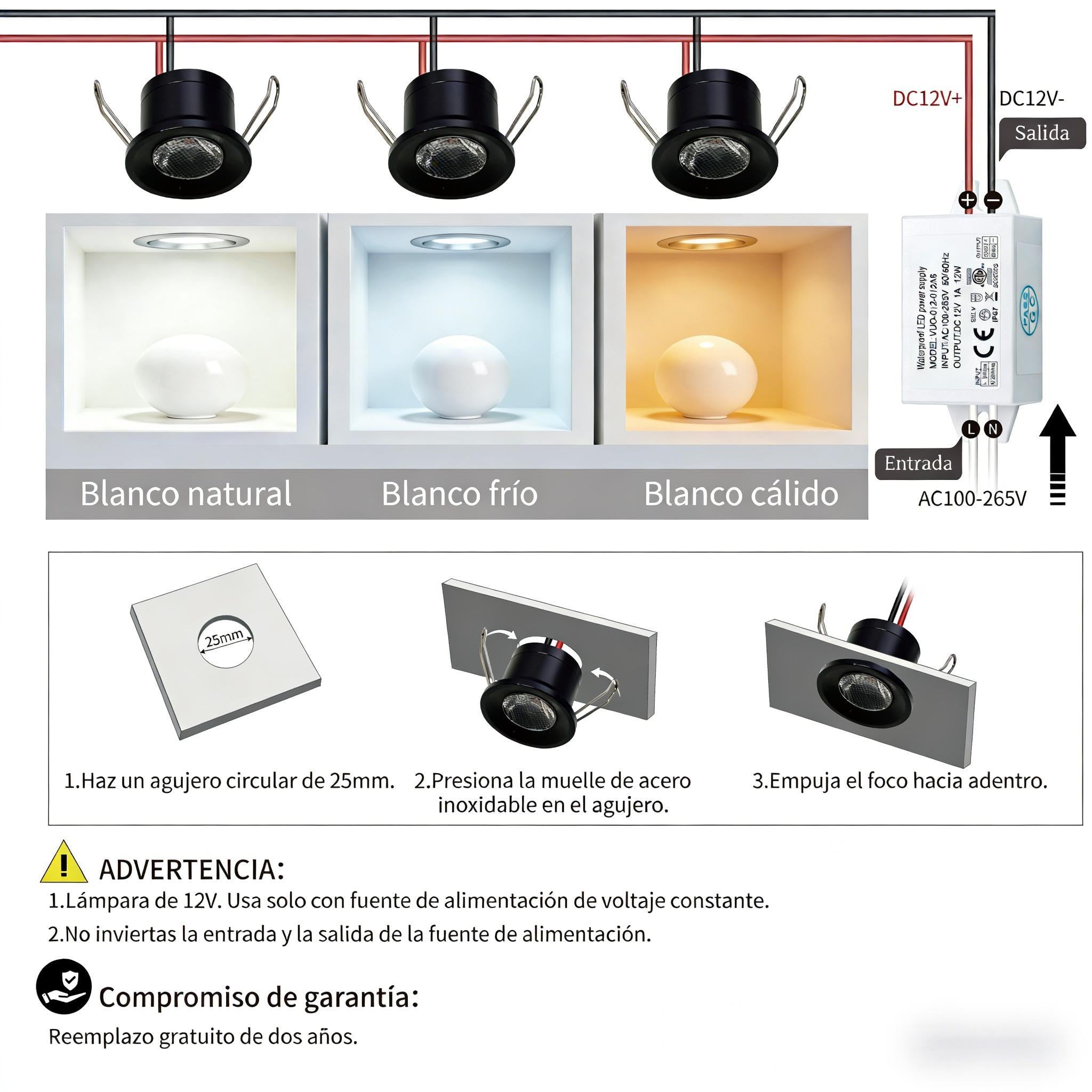 Mini Focos LED 2W 6uds DC 12V, IP65 Impermeable Foco Pequeño Empotrable Techo, 25mm Iluminación DIY para Muebles Cuadros Paredes Cocina Escaleras Vitrinas Pasillos (Negro Blanco Cálido)