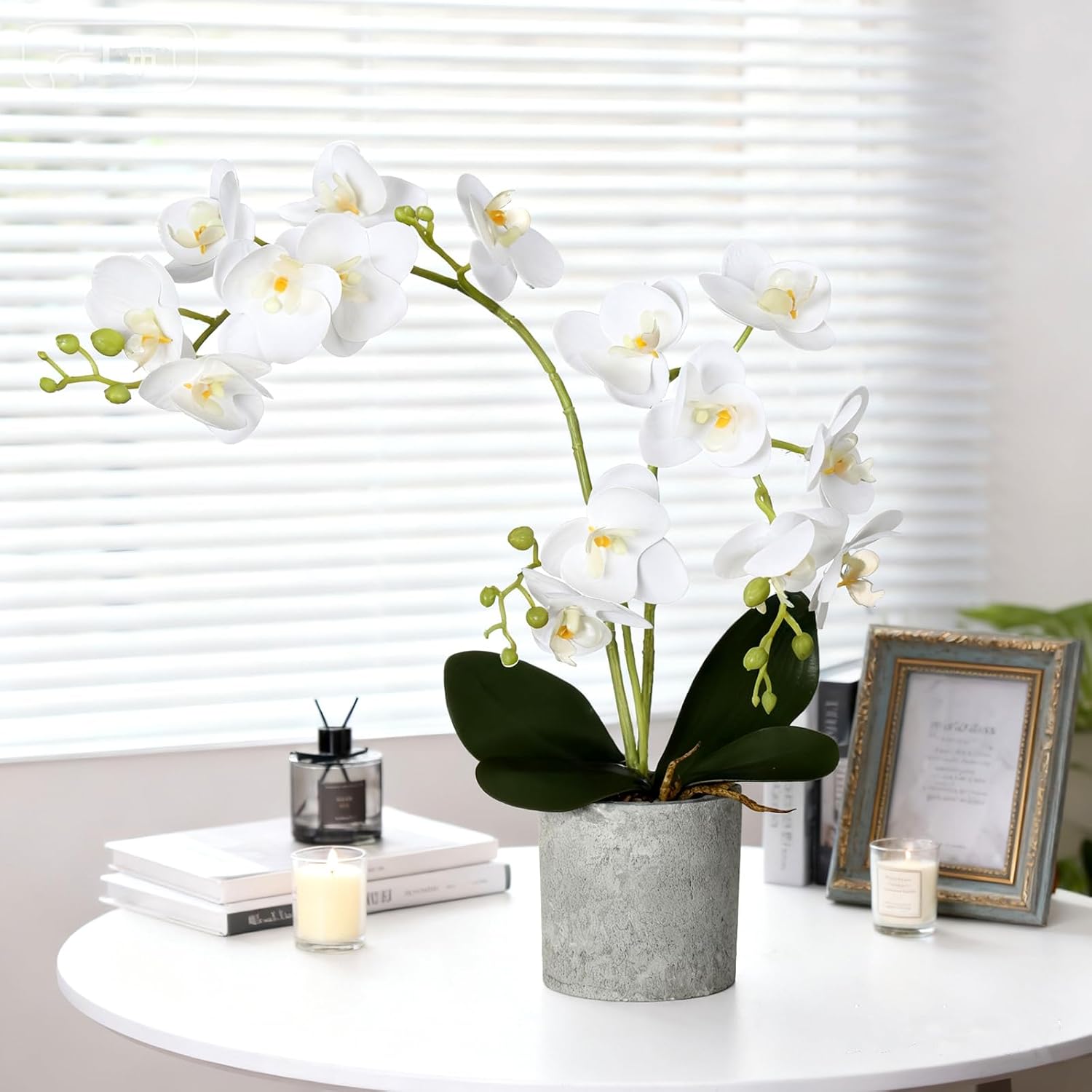 Suncalla 2 Pcs Fake Orchids Flowers in Pot Faux Orchids Artificial Floral Phalaenopsis with Vase for Home Wedding Table Centerpiece Bathroom Indoor Room Office Desk Decoration