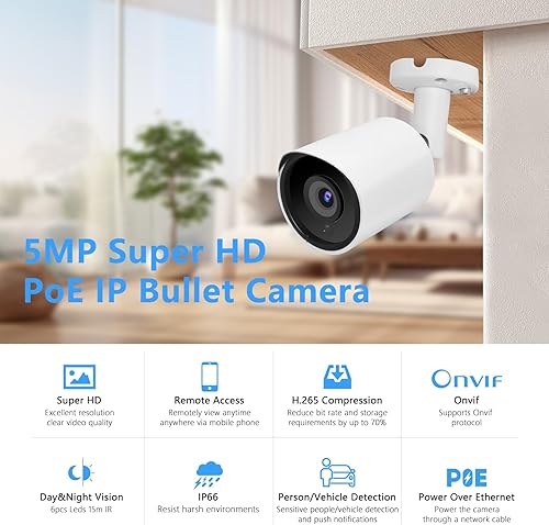 Miniatura 2 de Cámara de seguridad IP PoE de 5 MP, cámara IP H.265 Bullet con gran angular de 105, lente de 0.110 in, visión nocturna de 80 pies, compatible con