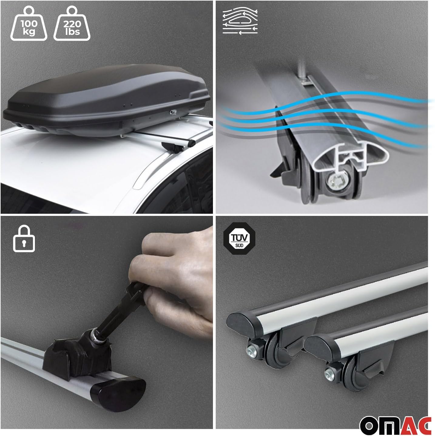 OMAC Roof Rack Cross Bars for Alfa Romeo Stelvio 2017-2026 Heavy Duty 220Lbs Aluminium Silver 2Pcs fits Cargo Carriers Kayak Canoe Bike Snowboard