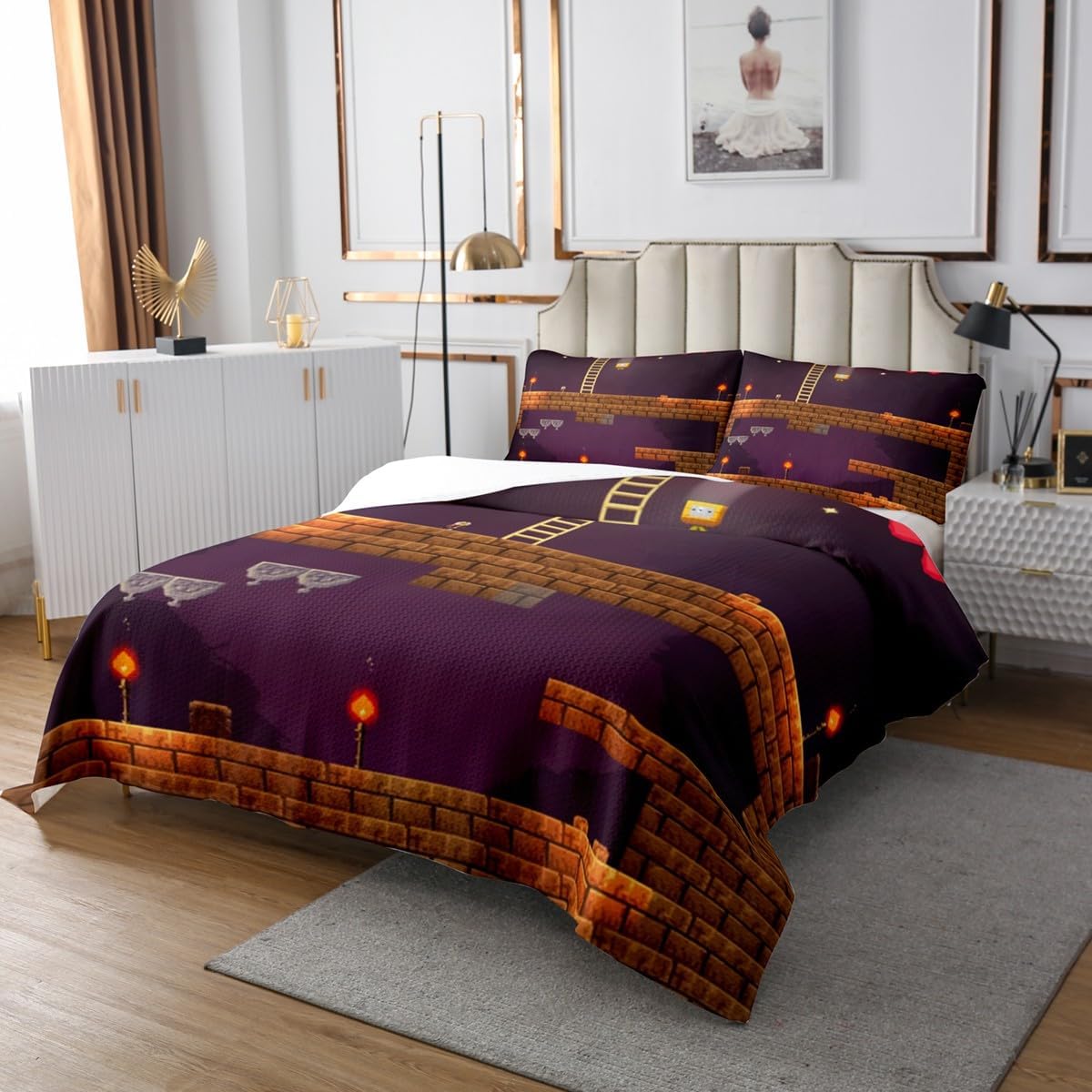 Homewish Video Games Bedspread Twin Size,Retro Brick Love Printed Bedding Set for Kids Boys Girls Room Decor,Gamer Gaming Purple Coverlet Set 2Pcs,Games Controller Vintage Quilt,1 Pillowcase