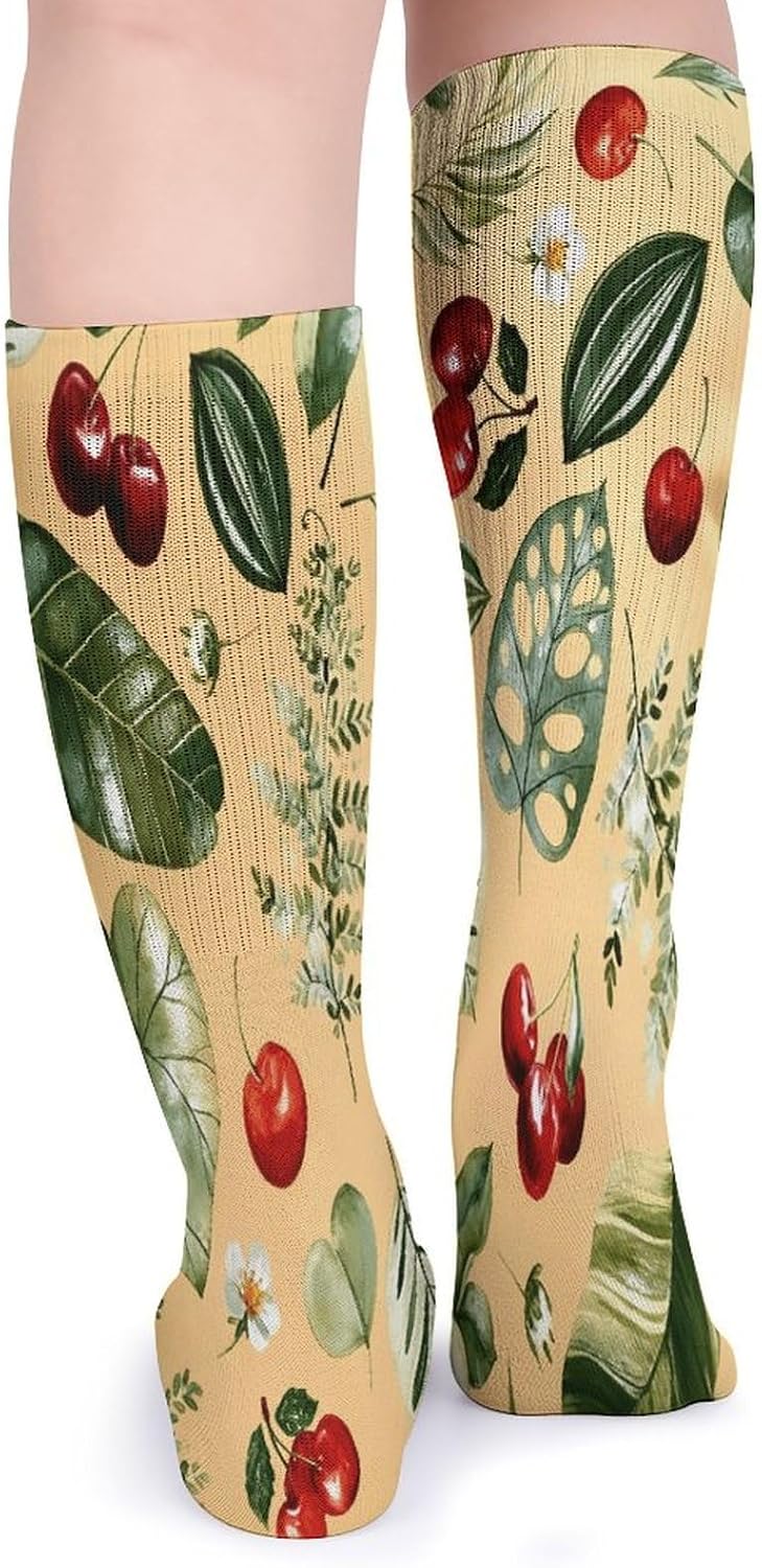 Cherry Print Crew Socks Casual Breathable Calf Socks | Cushion Running Athletic Socks Long Performance Breathable Sports Socks for Women Men