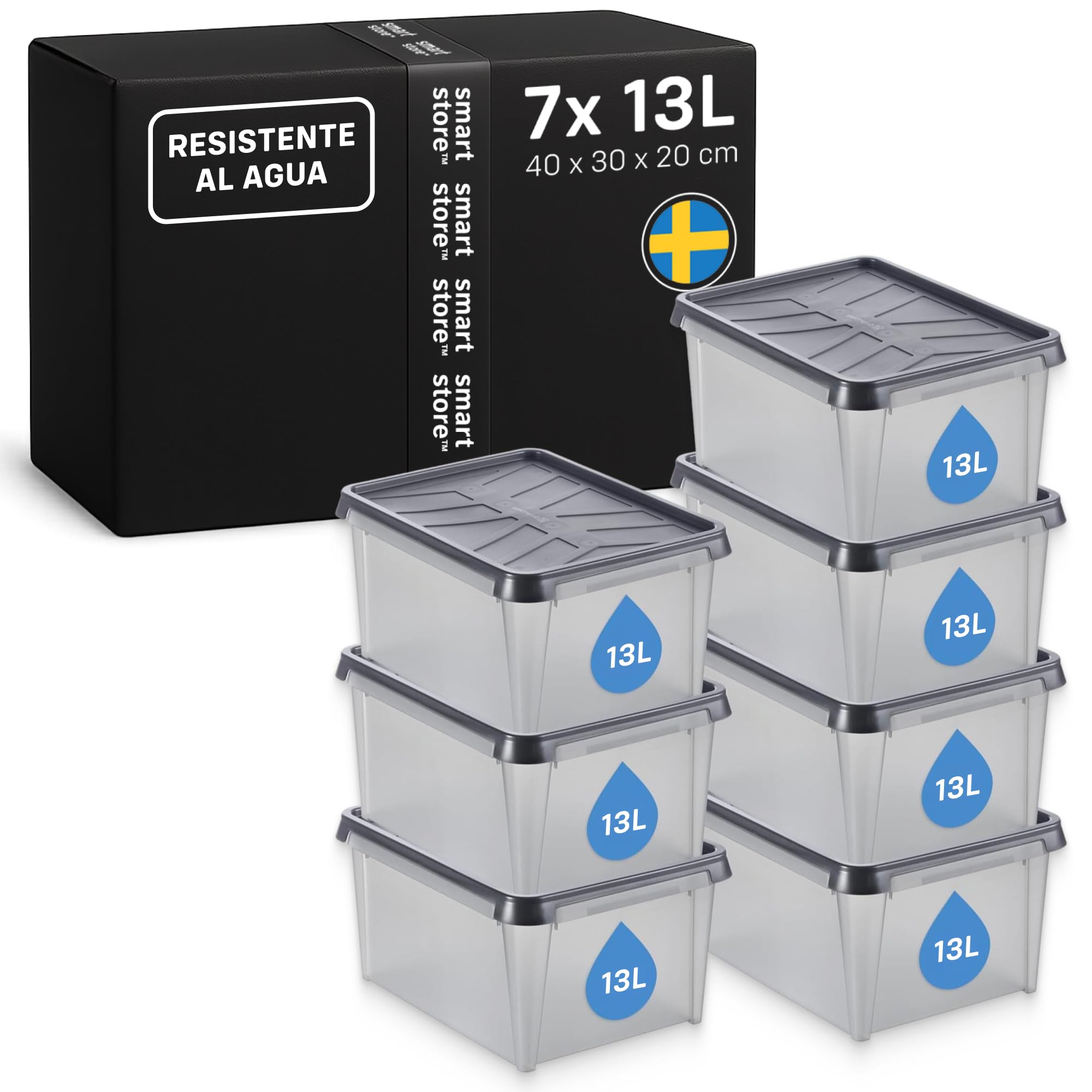 SmartStore Caja Almacenaje con Tapa 13 L I Pack 7 Cajas Apilables I 40 x 30 x 20 cm I Impermeable, Antipolvo I Garaje, Trastero, Sótano I Apta Alimentos I Made in Sweden 10 Años