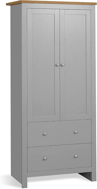 2 Door Wardrobe Grey With 2 Drawer & Shelf Hanging Rail, MDF Wooden Double Wardrobe Large Cupboard Bedroom Storage Furniture (180H x 79W x 52D cm)