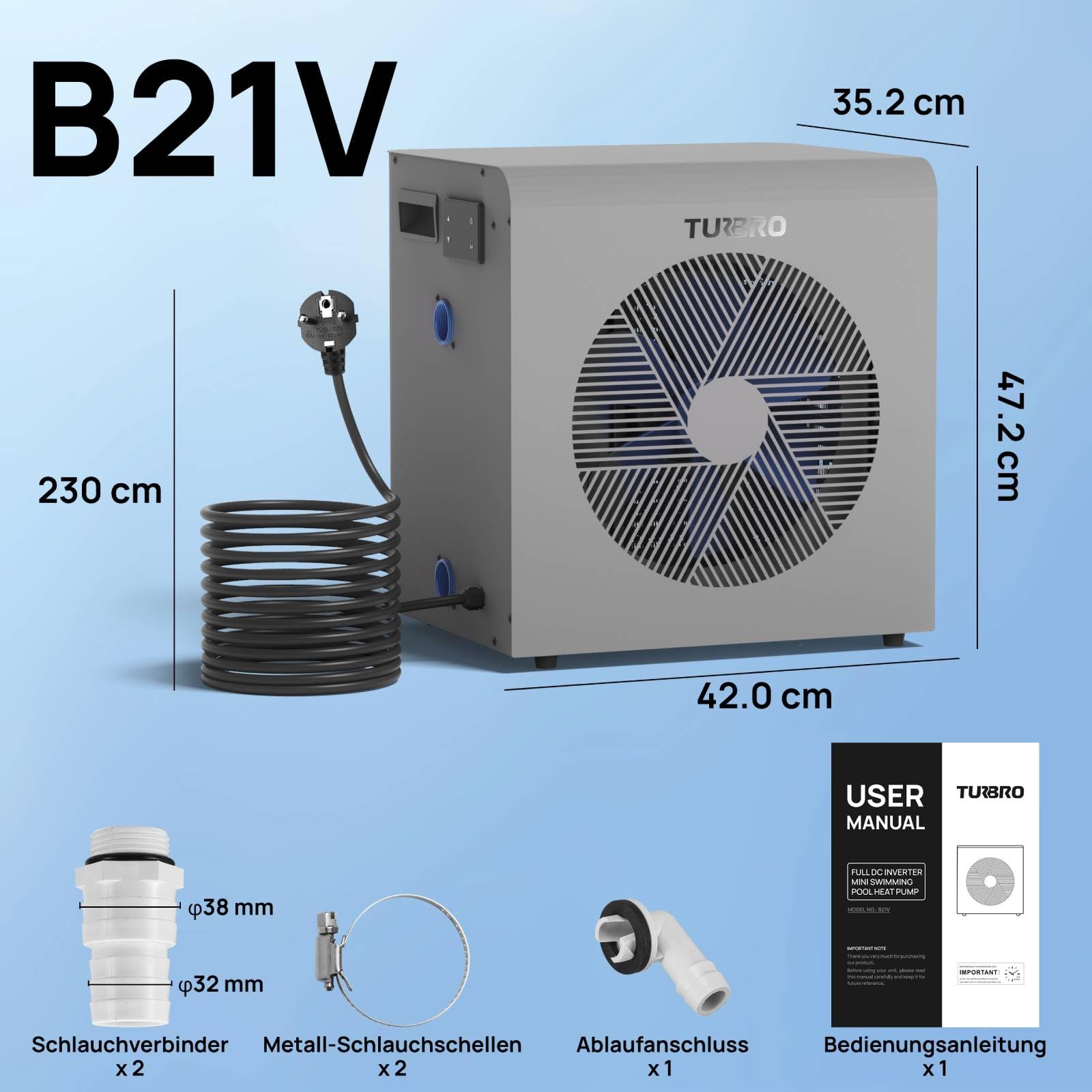 TURBRO 6.000W Full-Inverter Wärmepumpe für Schwimmbecken, Elektrischer Poolheizer für Übererdpools und Spas bis 20 m³, Titan-Wärmetauscher, Bis zu 9,38 COP, IPX4 Wassergeschützt, 220-240V, Beluga B21V