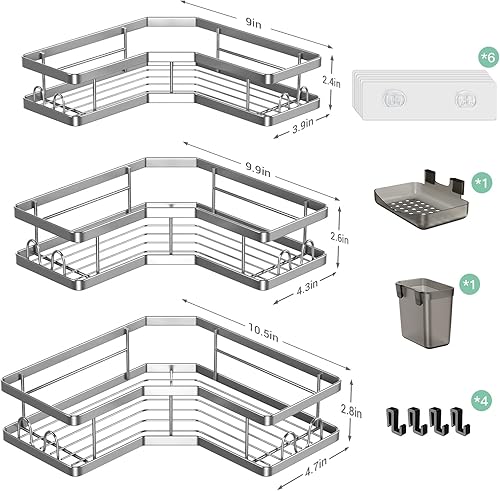 Miniatura 6 de Organizador de baño esquinero para ducha estantes adhesivos para bañera - Paquete de 3 estantes de ducha sin perforación para ducha interior -