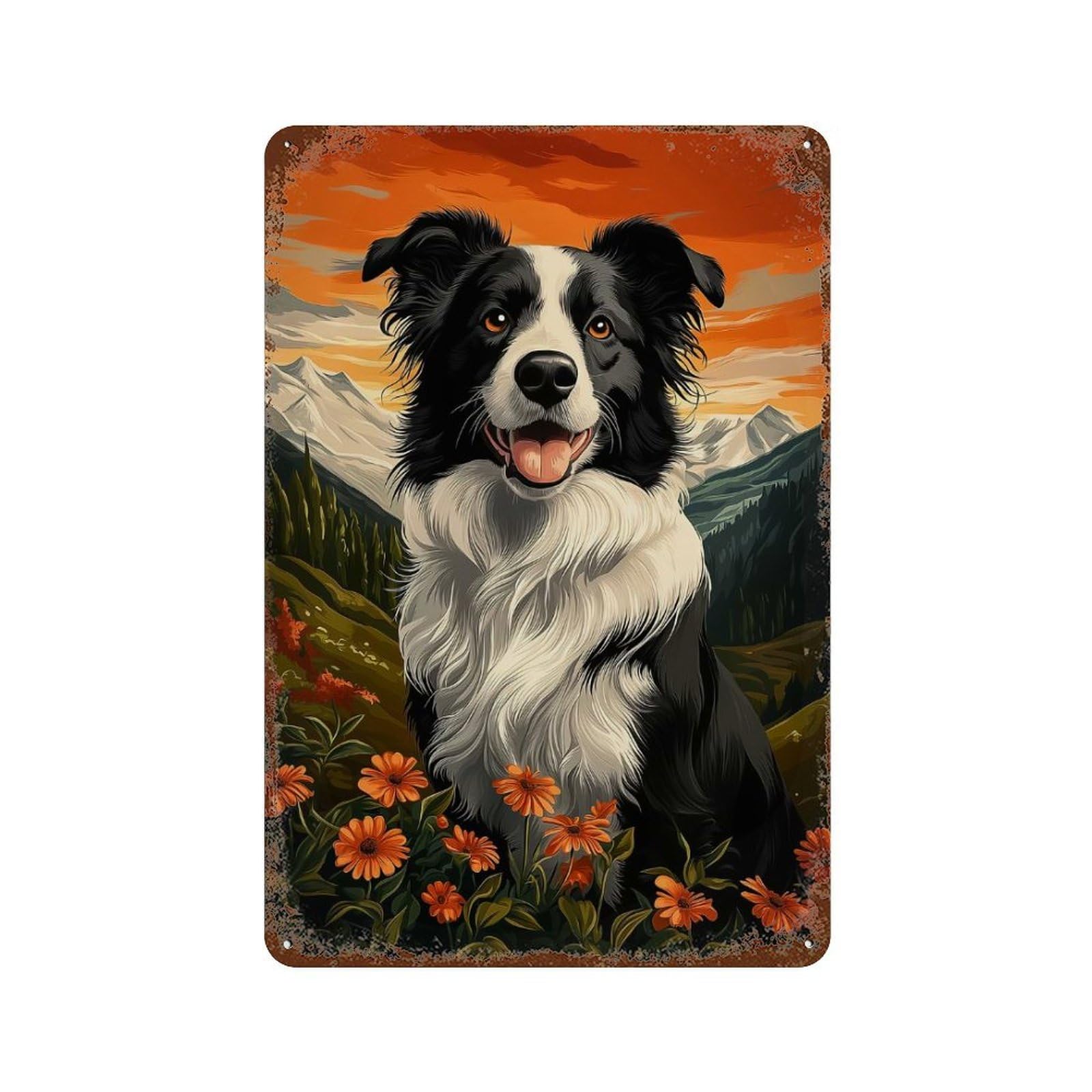 Border Collie in Mountain Landscape Rust Effect Tin Sign 11.8"x7.9", Old School Wall Decor for Farmhouse, Kitchen And Entryway Decor