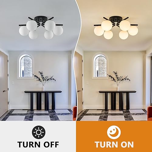 Miniatura 2 de Sputnik Lámpara de techo semiempotrada, 6 luces de globo Sputnik lámpara de techo, lámpara de globo de vidrio de leche para comedor, lámpara moderna