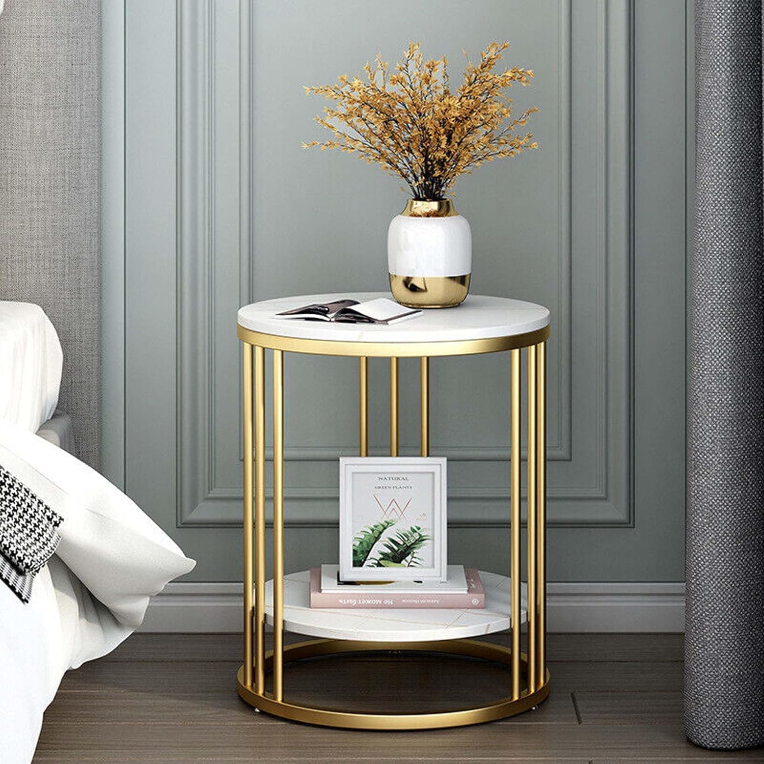 Round End Table with Metal Gold Frame & Marble Finish Shelves – 2 Tier Side Table, Modern Coffee Table, Bedside Nightstand for Living Room, Bedroom, Balcony (White-Gold, 40cm)-image-39