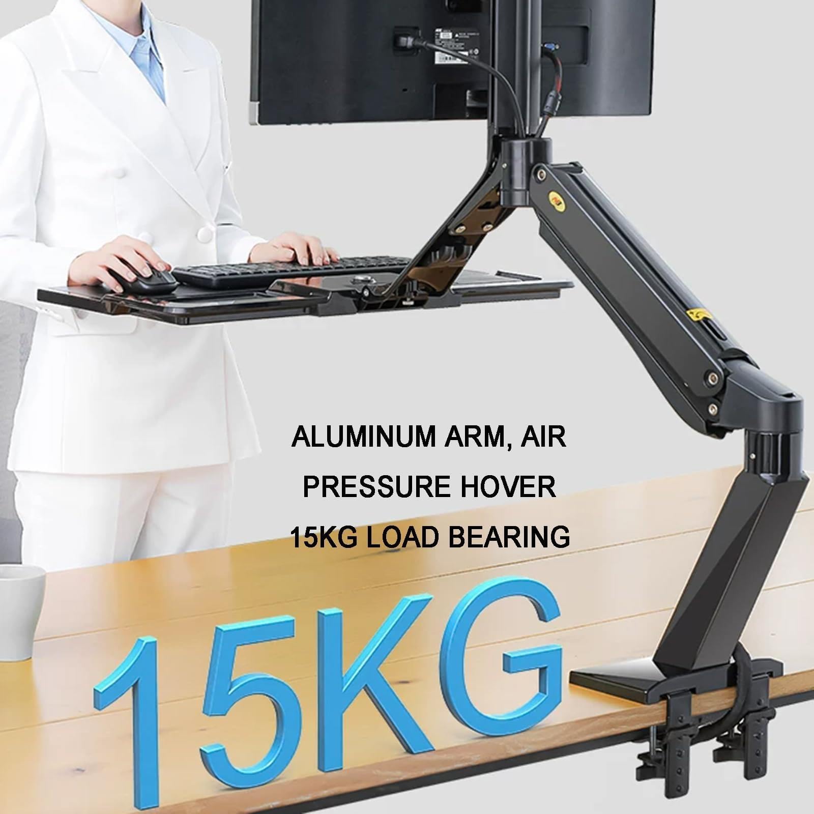 Supporto da Scrivania per Monitor in Alluminio con Molla A Gas, Braccio Singolo, con Vassoio per Tastiera Pieghevole, per Schermi da 22-32 Pollici, Base con Morsetto/passacavo, Inclin