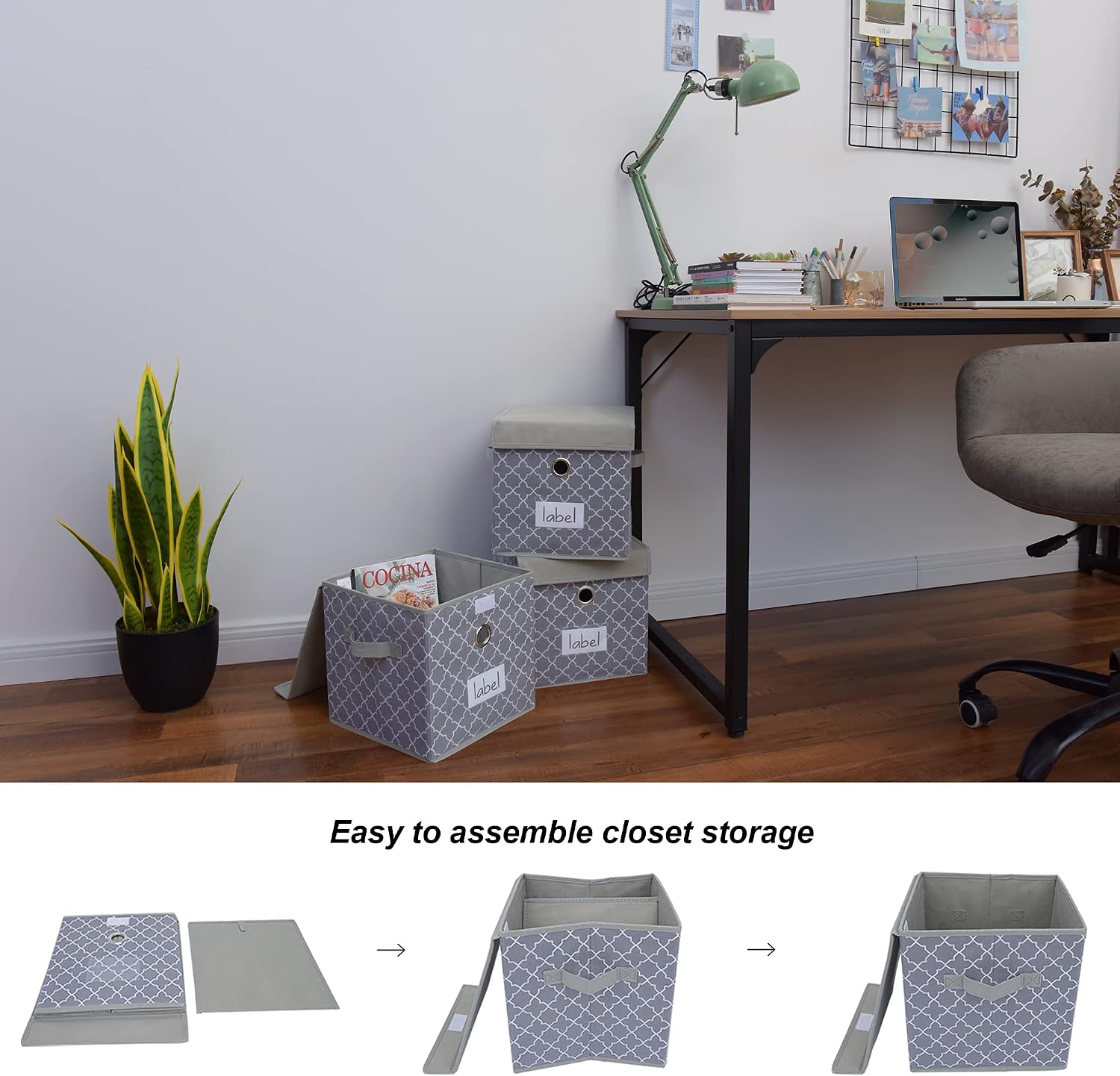 GRANNY SAYS 11 inch Cube Storage Bin, 3-Pack Square Storage Cubes, Cloth Storage Bins with Lids for Dorm, Light Gray/White