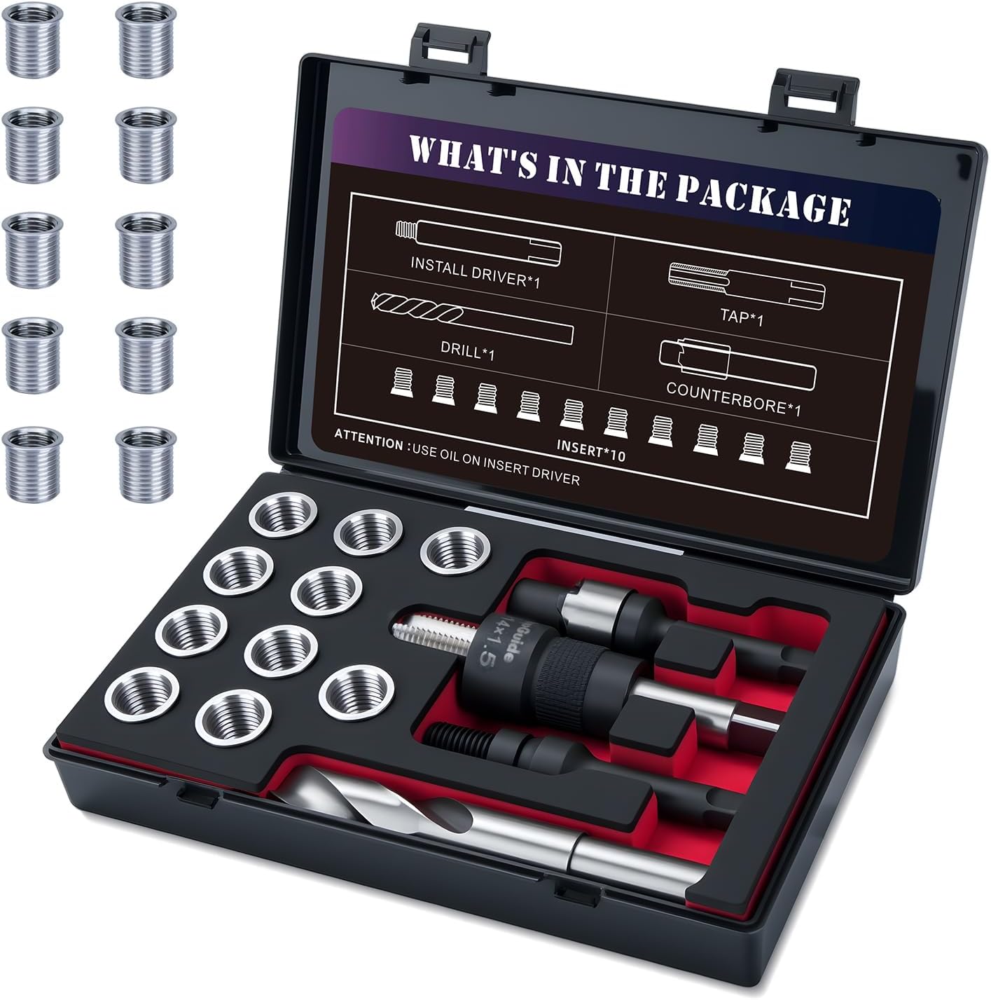 M14X1.5 Thread Repair Kit with Insert HSS Drill, Tap, Counterbore, Installation Driver, Tap Guides, Metric, 10PCS Stainless Steel Insert M14X1.5X17.8MM
