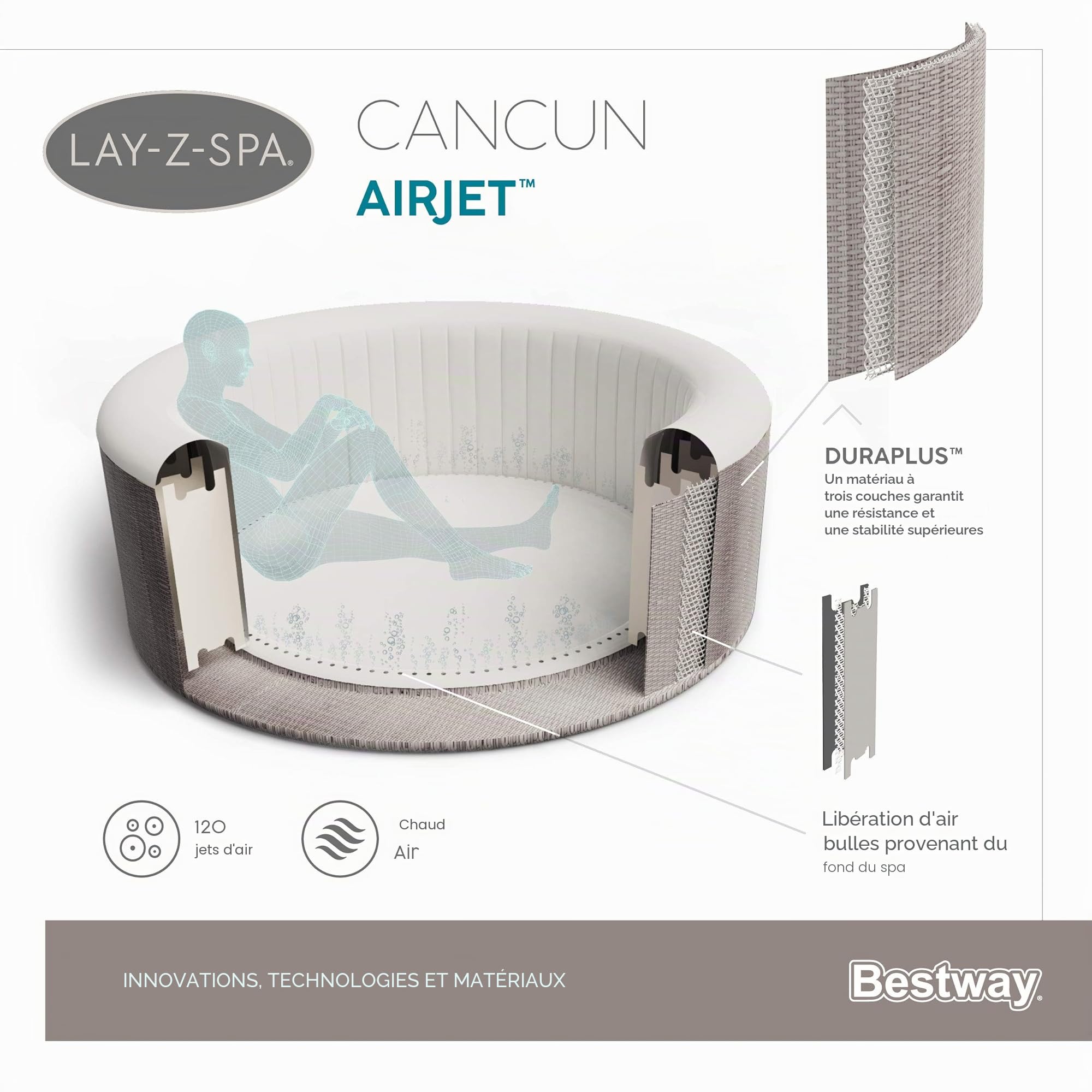 Spa Gonflable Lay-Z-Spa® Cancun Airjet™ Rond 2 à 4 Personnes, 180 x 66 cm, 120 Jets d'air, Couverture Isolante, Filtration à Cartouche, diffuseur Chemconnect™