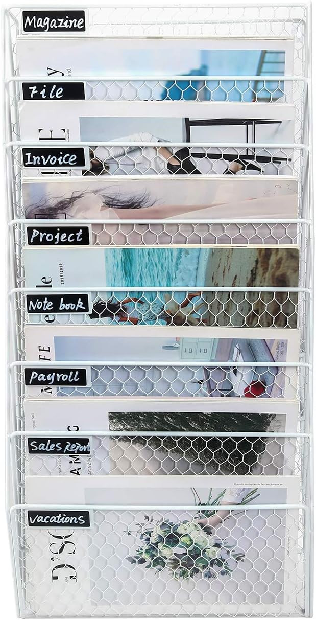 PAG 8 Pockets Wall File Holder Wall Mounted Mail Organizer Metal Chicken Wire Hanging Maganize Rack, White