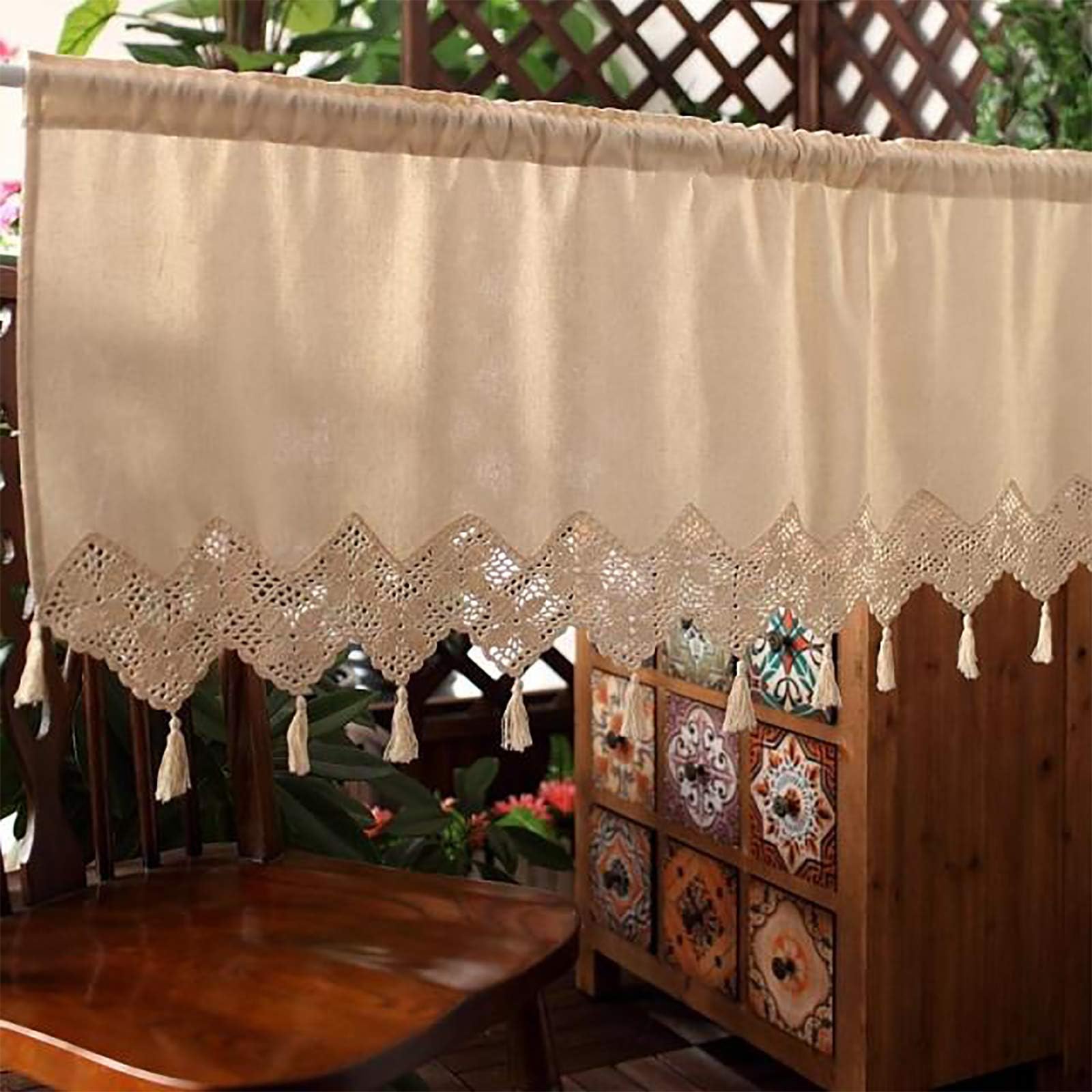 ZZXY Cafe Curtains,Cotton Linen Blackout Kitchen Window Cotton Crochet Lace for Living Room Short Curtains for Cafe Shop Kitchen,1 Panels