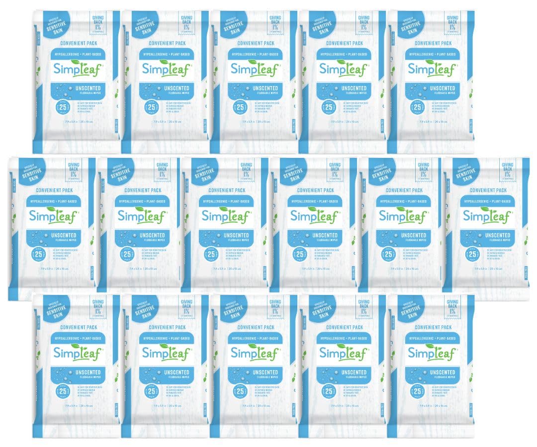 Simpleaf Flushable Wet Wipes Unscented Eco-Friendly, Paraben & Alcohol Free | Hypoallergenic & Safe for Sensitive Skin | Soothing Aloe Formula | (16 x 25 Counts Convenient Pack) 400 Counts Total