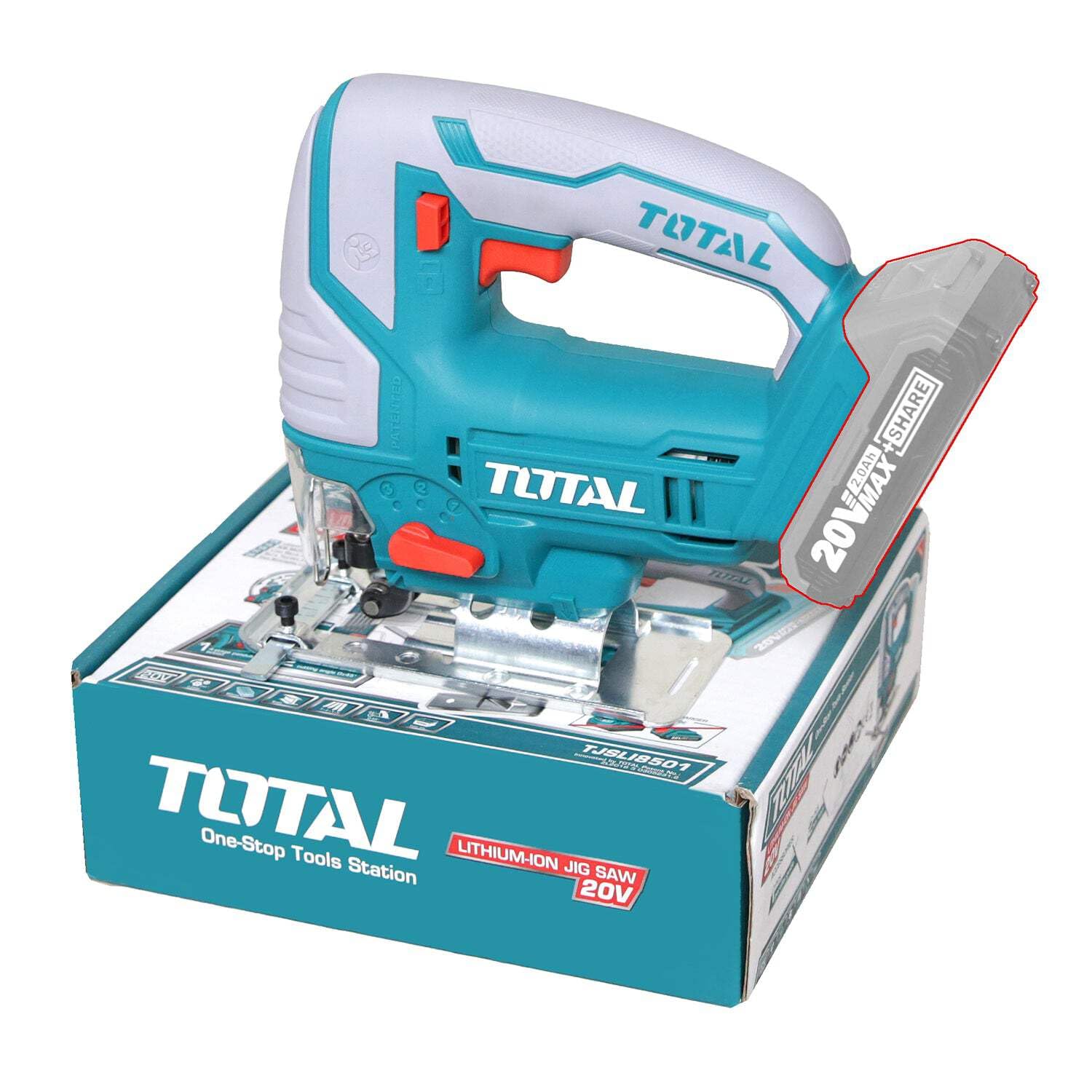 TOTAL - Sierra Caladora a Batería P20S de 20 V - Inalámbrica - Herramienta para Cortar Metal y Madera - Velocidad Sin Carga de 2400 rpm - Incluye 5 Hojas de Sierra