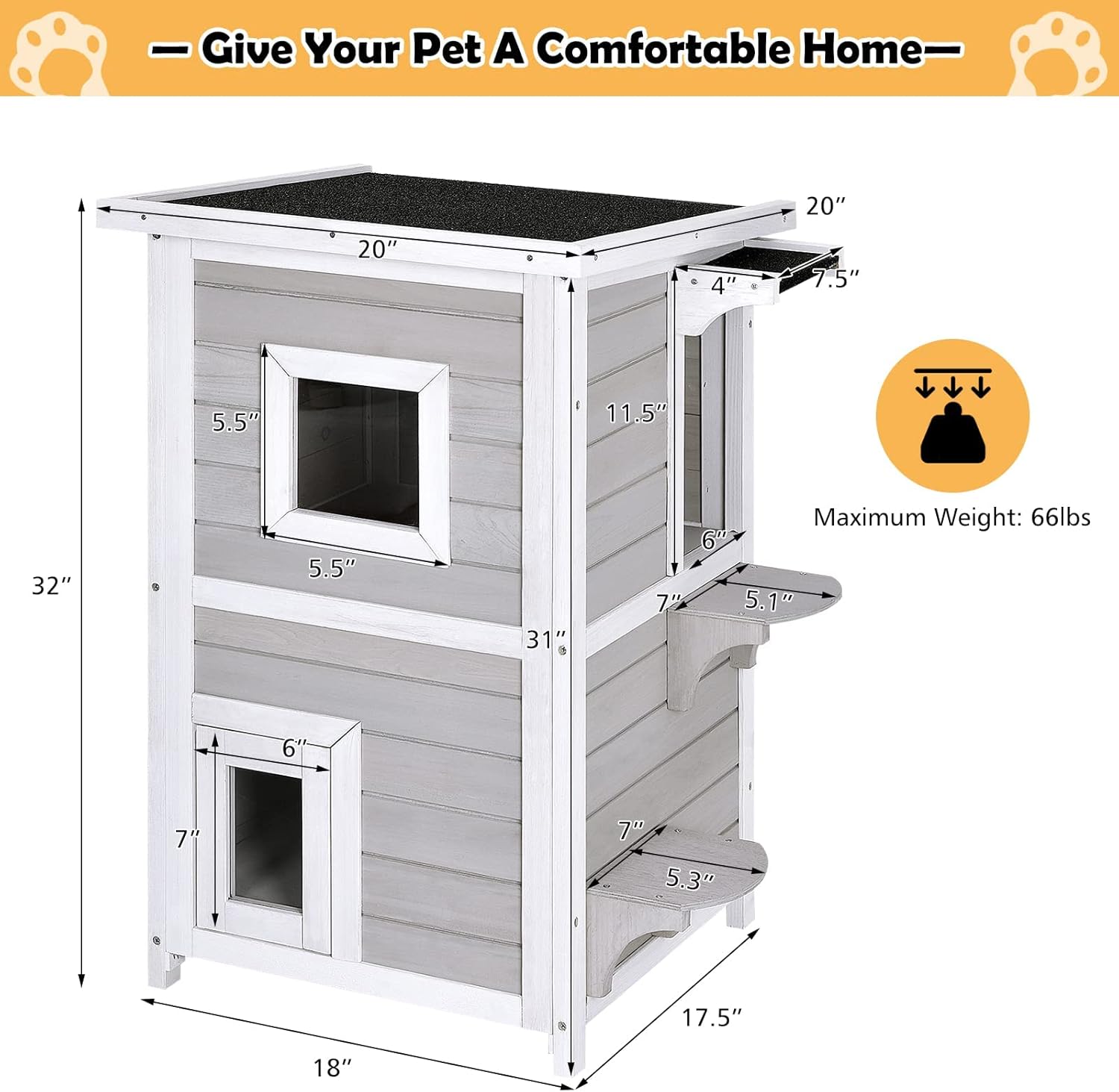 Tangkula Outdoor Cat House Wooden, 2-Story Outside Cat Shelter Condo Enclosure with Escape Door, Openable Asphalt Roof, Jumping Platform, Weatherproof Cat Houses for Feral Cats