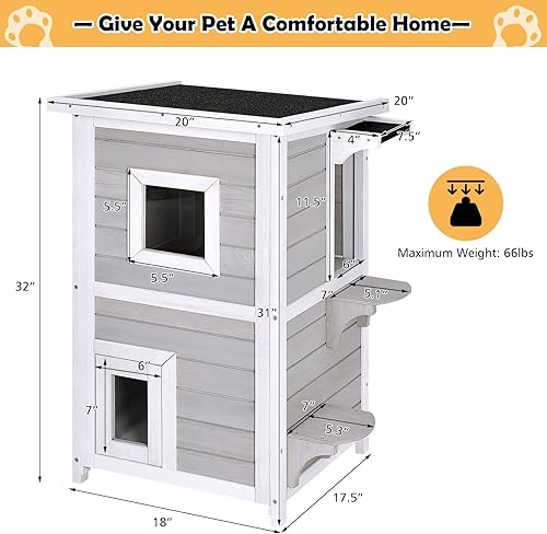Miniatura 3 de Tangkula Casa para gatos al aire libre de madera, 2 pisos fuera de refugio para gatos con puerta de escape, techo de asfalto abierto, plataforma de