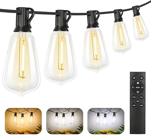 Brightever Tira de luces regulables para exteriores con control remoto, 3 colores en 1 luces LED de patio para exteriores con 25+1 bombillas Edison