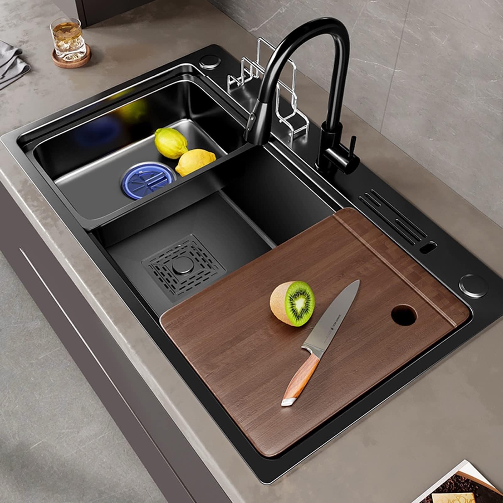 SDdPulse Lavello da cucina in acciaio inox per cortile ufficio – Drop-in o sottotop lavello con stazione di lavoro a vasca singola con rubinetto a cascata, nero, 72 x 45 cm
