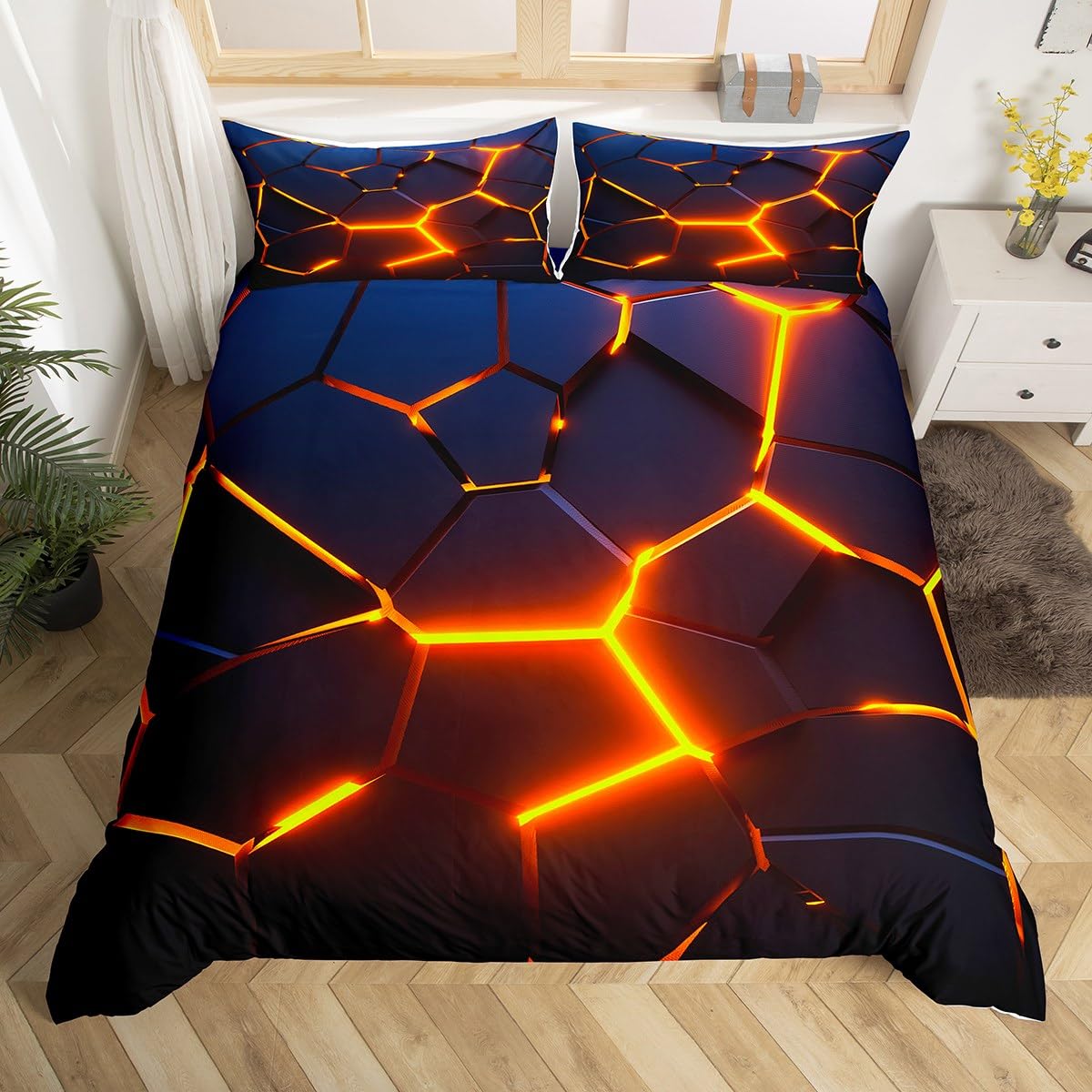 Geometric Honeycomb Duvet Cover King Size, Hexagon Abstract Art Bedding Set,Kids Boys Girls Adults Room Decor,Modern Fashion Comforter Cover,Orange Black Neon Quilt Cover,2 Pillowcases