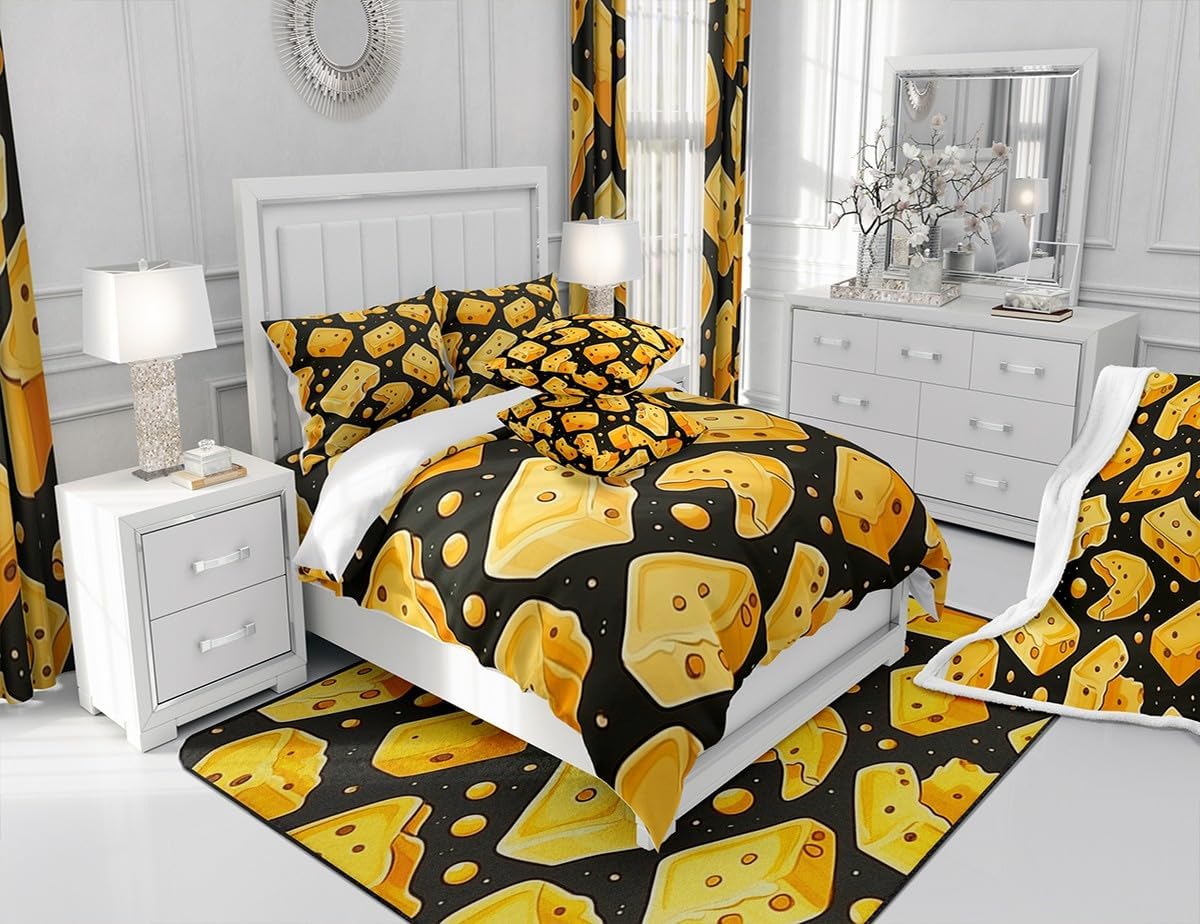 Feelyou Cheese Sherpa Blanket Cartoon Cheese Fleece Throw Blanket for Kids Boys Girls Teens Toddler Yummy Food Plush Blanket Black Yellow Fuzzy Blanket for Sofa Bed Couch,Twin 60x80 Inches