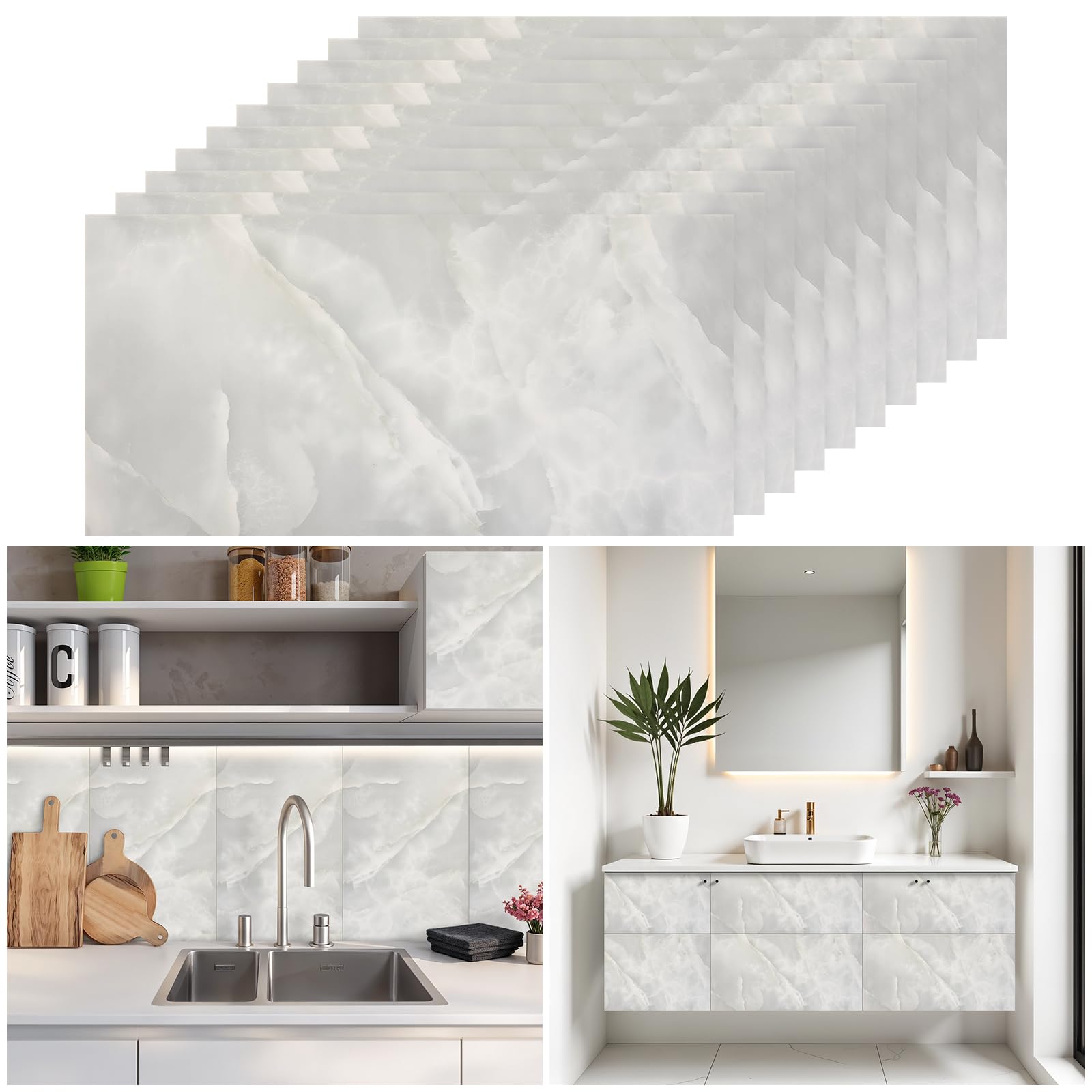 Warmiehomy Marble Tiles 60x30cm 10Pcs Thicken Self Adhesive Wall Tiles Waterproof,Peel and Stick on Vinyl Tiles for Living Room Bedroom Bathroom Kitchen Splashback,Pale Green Marble — image 1