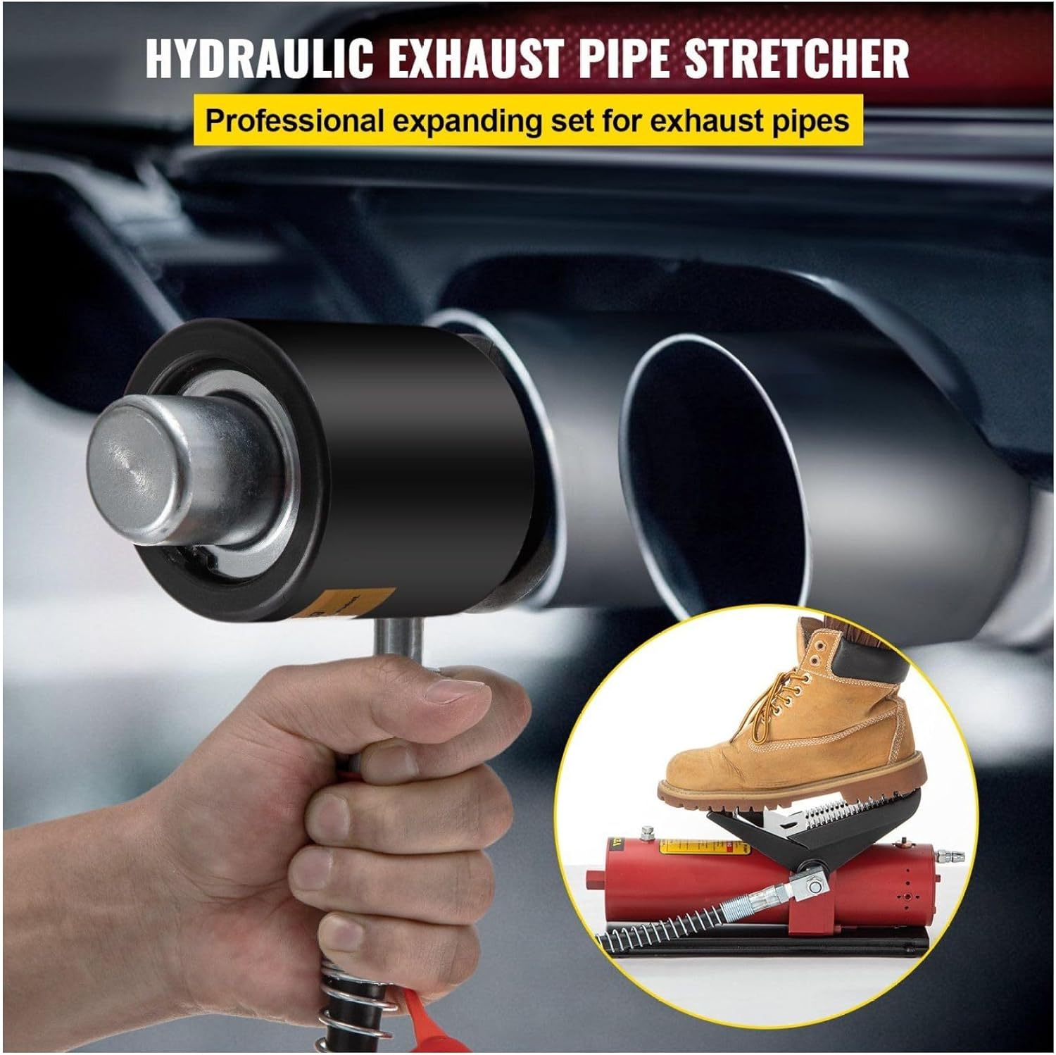 Hydraulic Exhaust Pipe Expander Kit 1-5/8" to 4-1/4", 10 Ton Pedal Pump & 7 Dies, Automotive Tube Stretching Tool for Car Repair - Aluminum & Steel
