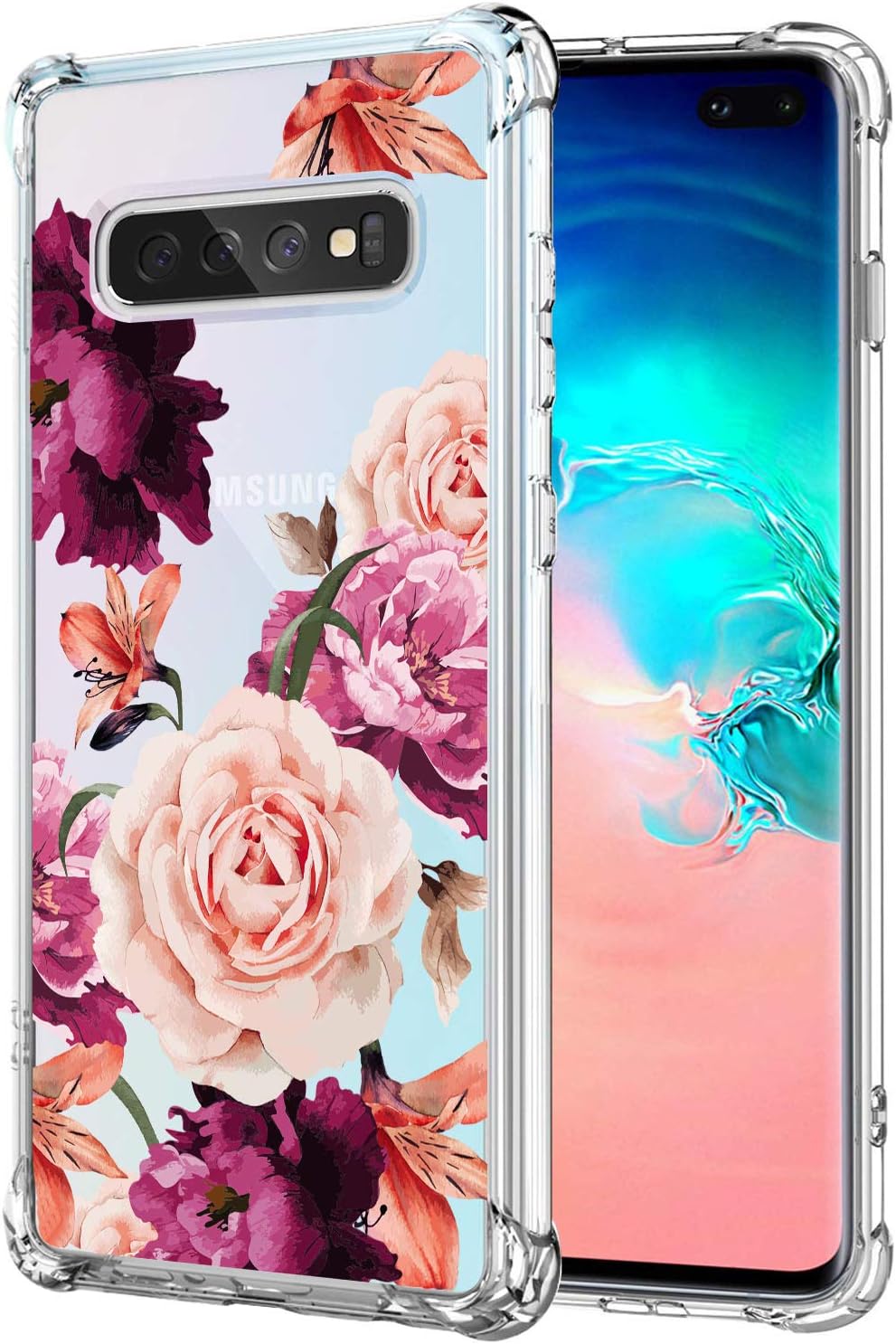 KIOMY Galaxy S10 Plus Case for Girls Women Clear with Flower Design Shockproof Bumper Protective Cute Floral Case for Samsung Galaxy S10 Plus 6.4 Inch Slim Fit Flexible Rubber Cell Phone Back Cover