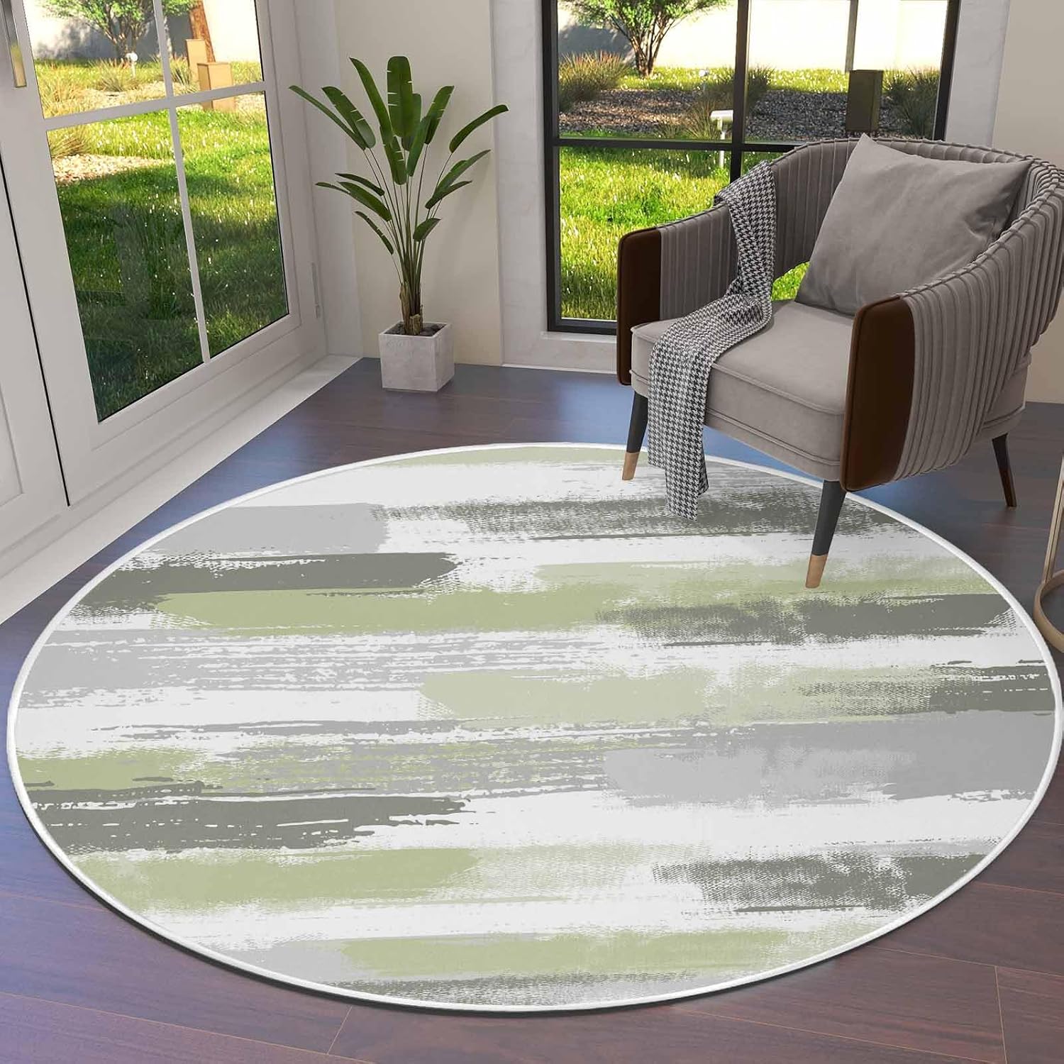 DecorLovee Sage Green Grey Round Area Rugs 3.3ft - Area Rug for Kids Room, Modern Abstract Art Striped Geometric Washable Living Room Circle Rugs, Non-Shedding Residential Bedroom Carpet Floor Mat