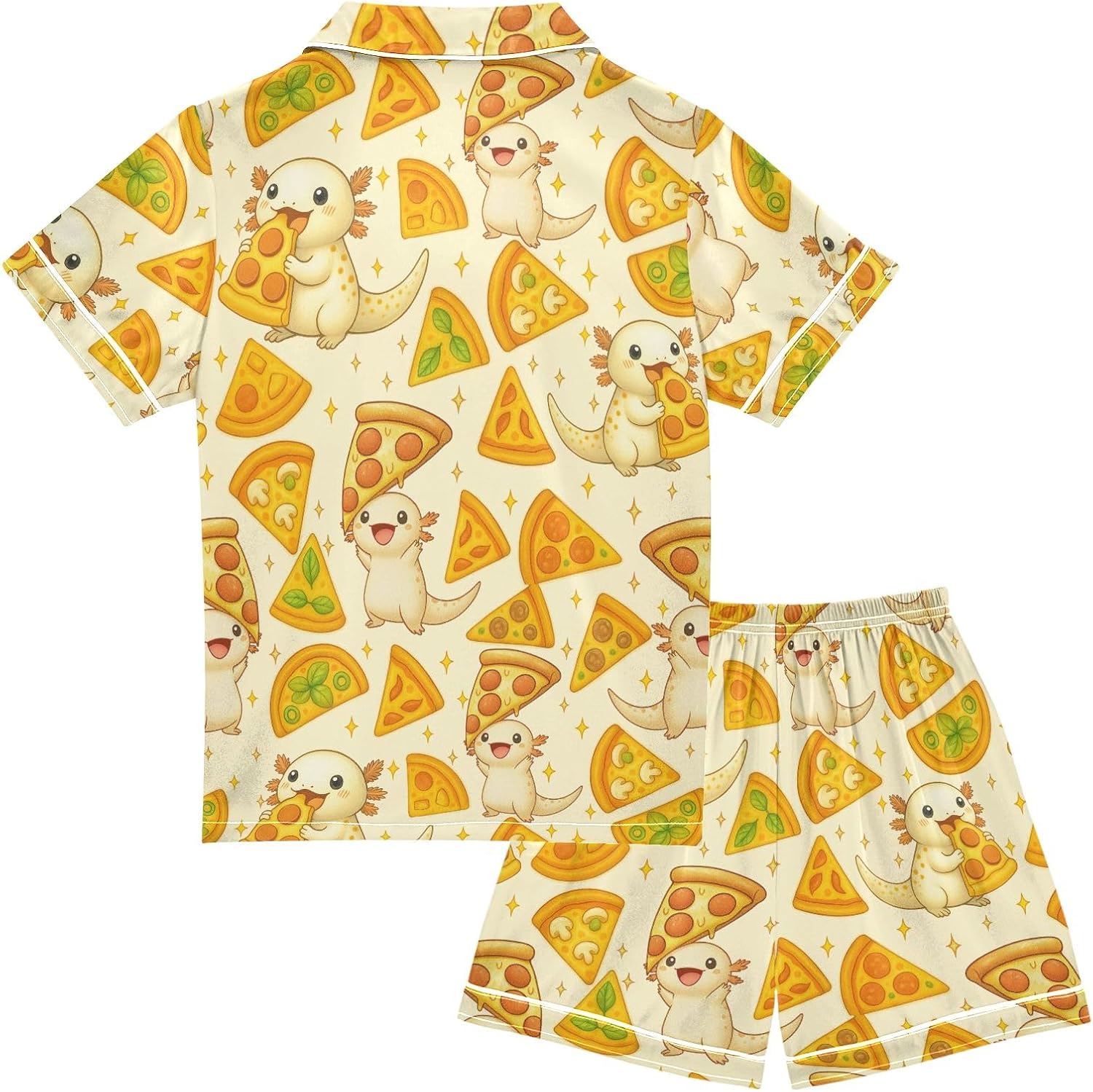 Kids Casual Satin Wear Set Cute Dinosaur Playing Music Unisex Short Sleeve Clothing for Relaxing