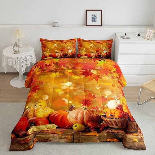 Erosebridal Edredón de Halloween, edredón de otoño con hojas de plumón para dormitorio, decoración de sala de estar, farol de calabaza, juego de