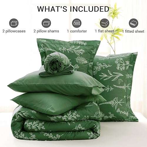 Miniatura 5 de MUXHOMO - Juego de ropa de cama Queen de 7 piezas, verde oscuro, reversible con patrón de flores botánicas, ultrasuave y transpirable con edredón,