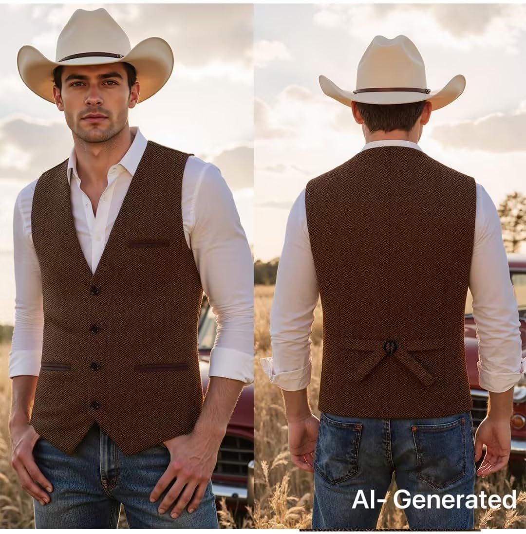 Tuikayoo Mens Tweed Vest Herringbone Wool Retro Suit Waistcoats Vintage Retro Slim Fit
