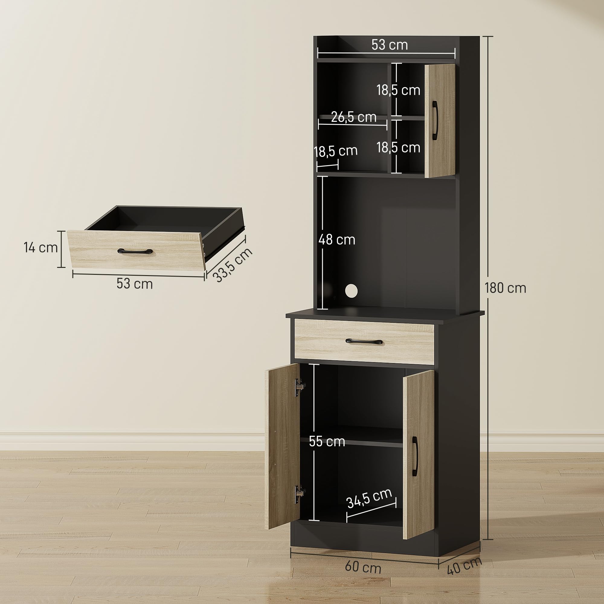 HOMCOM Buffet Haut Cuisine avec Tiroir 60x40x180 cm Effet Bois Naturel | Armoire de Cuisine, Vaisselier 3 Portes, Étagères Ouvertes, Plan de Travail, Meuble de Rangement, Salon, Salle à Manger