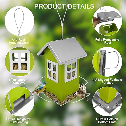 Miniatura 3 de Hugeleaf - Comedero para pájaros para exteriores, todo de metal con techo extraíble, comederos colgantes para pájaros silvestres con 4 puertos,