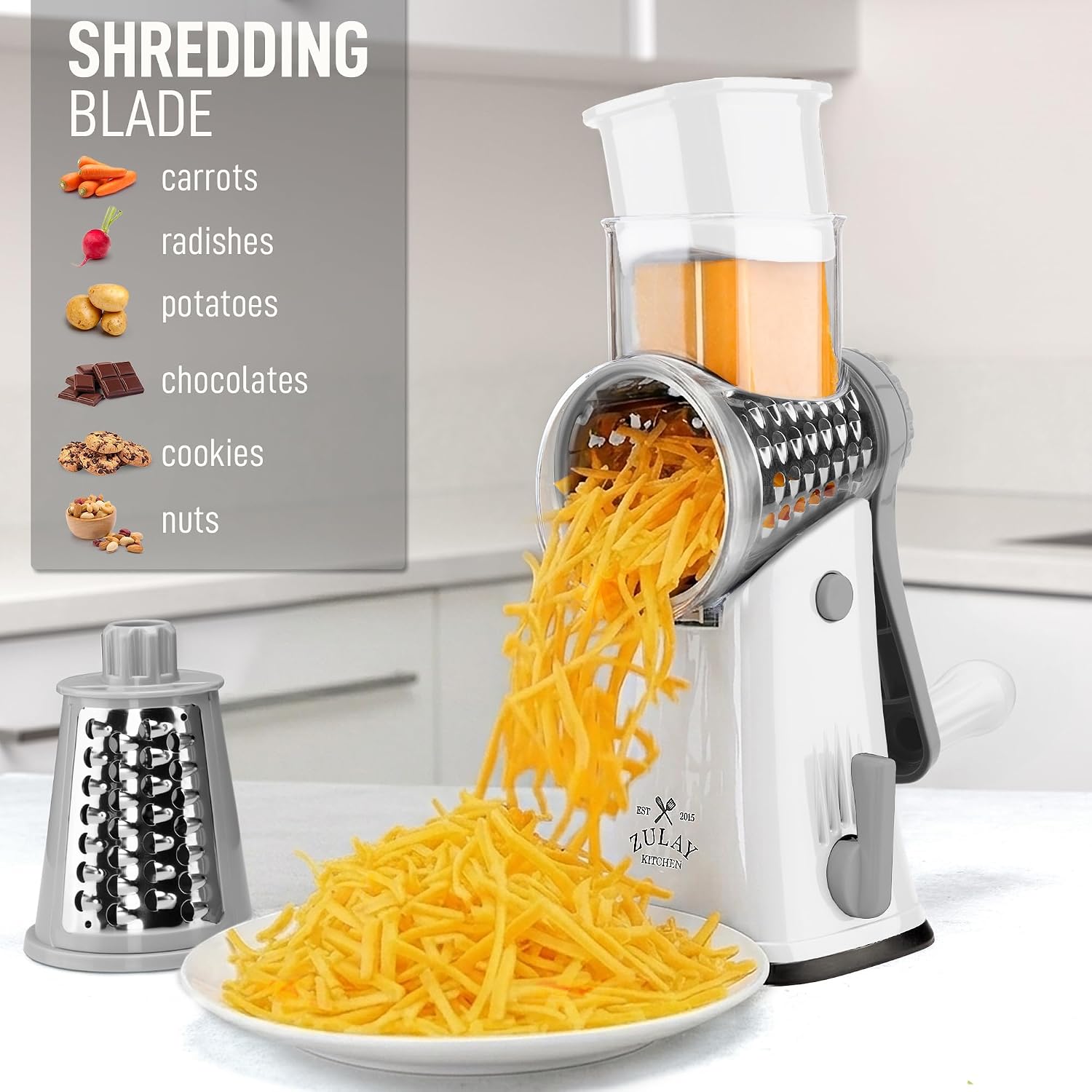 Zulay Kitchen Rotary Cheese Grater 5 Blade Cheese Shredder - Manual Hand Crank Cheese Grater With Reinforced Suction & 5 Interchangeable Drums - Easy to Use, Vegetable Chopper Round Mandoline Slicer