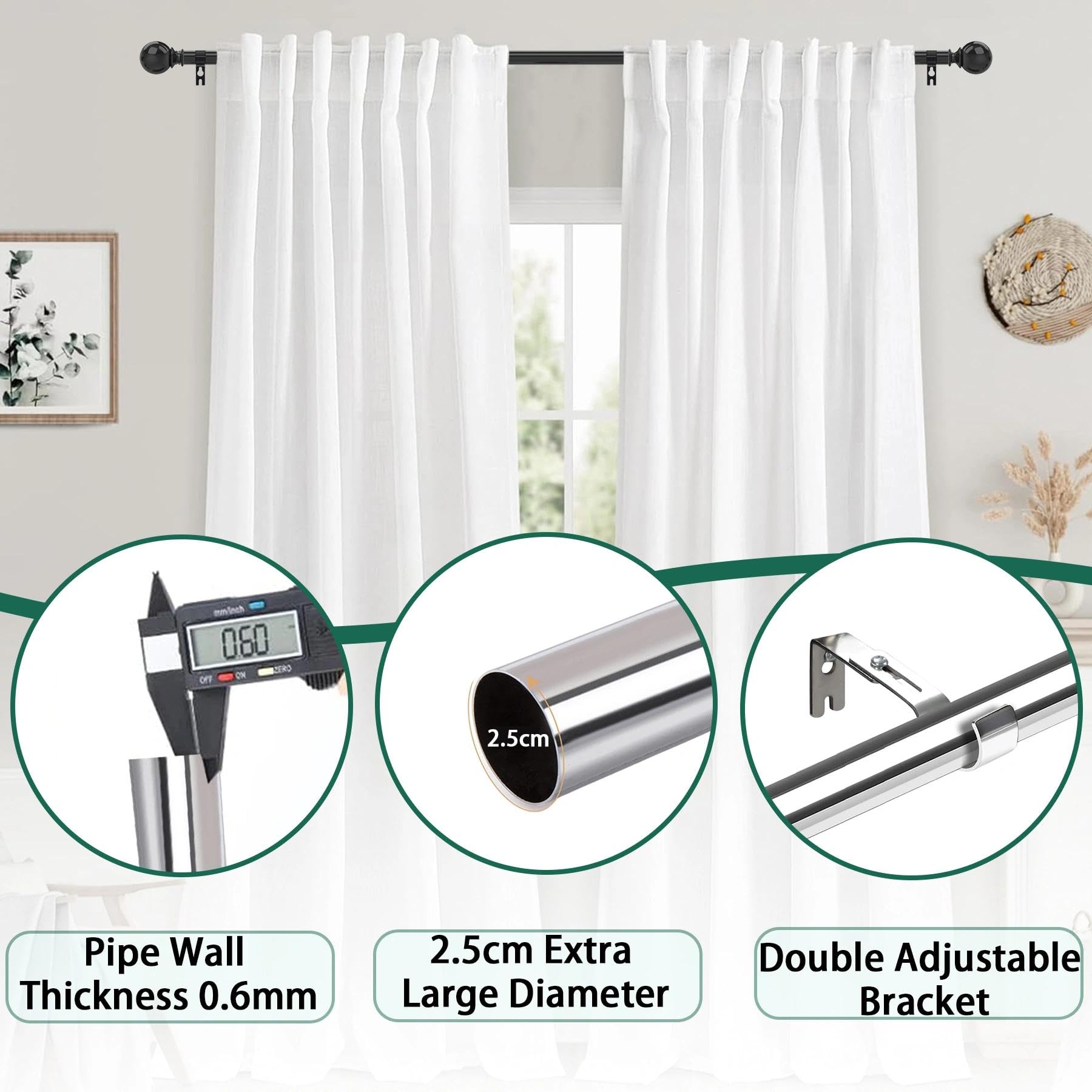 Curtain Poles For Eyelet Curtains Curtain Poles Black Curtain Pole Small Curtain Rods Includes Round Finials Rings Brackets And Fittings Set For Living Room And Bathroom Black 84-290CM - Image 3