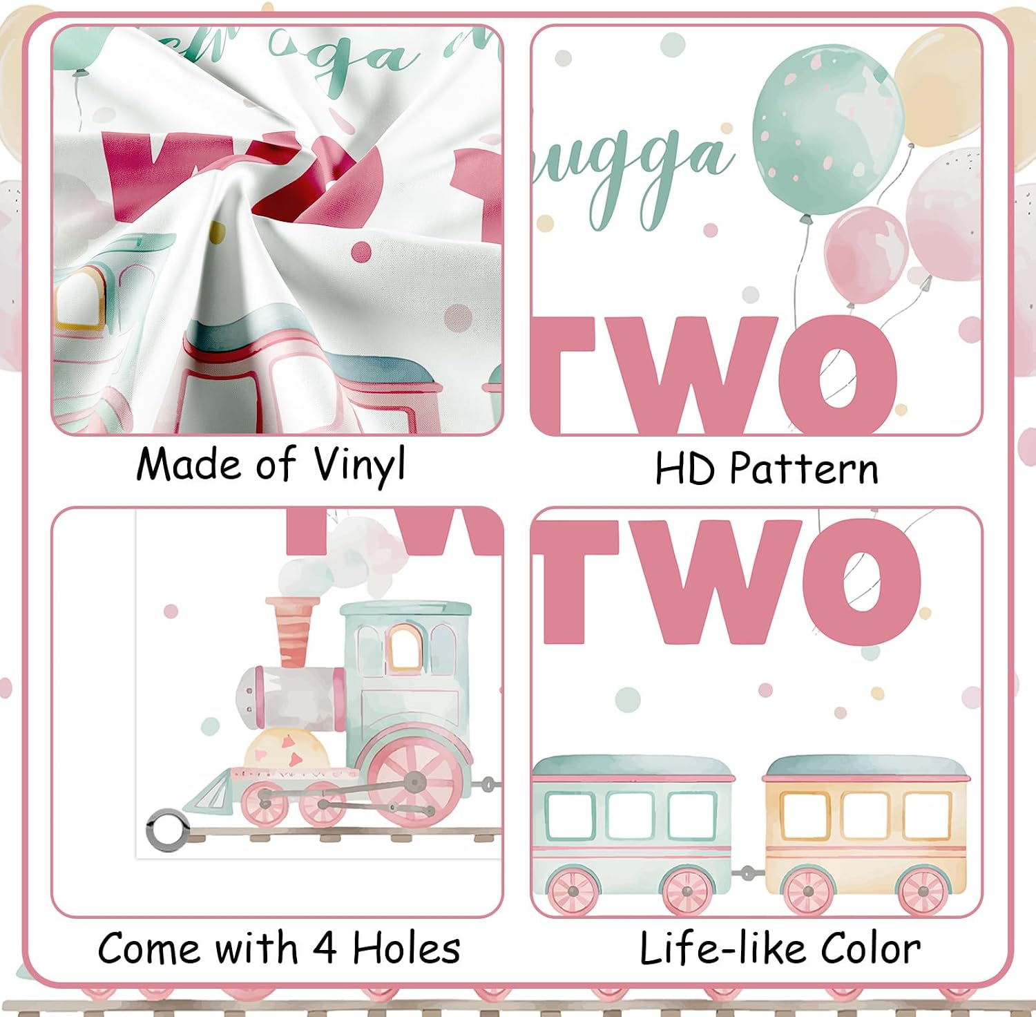 Chugga Chugga Two Two Backdrop, 5x3ft Pastel Train Birthday Photo Background with Grommets and Ribbon, Train 2nd Birthday Decorations for Girls, Chugga Chugga Two Two Party Supplies for Girl