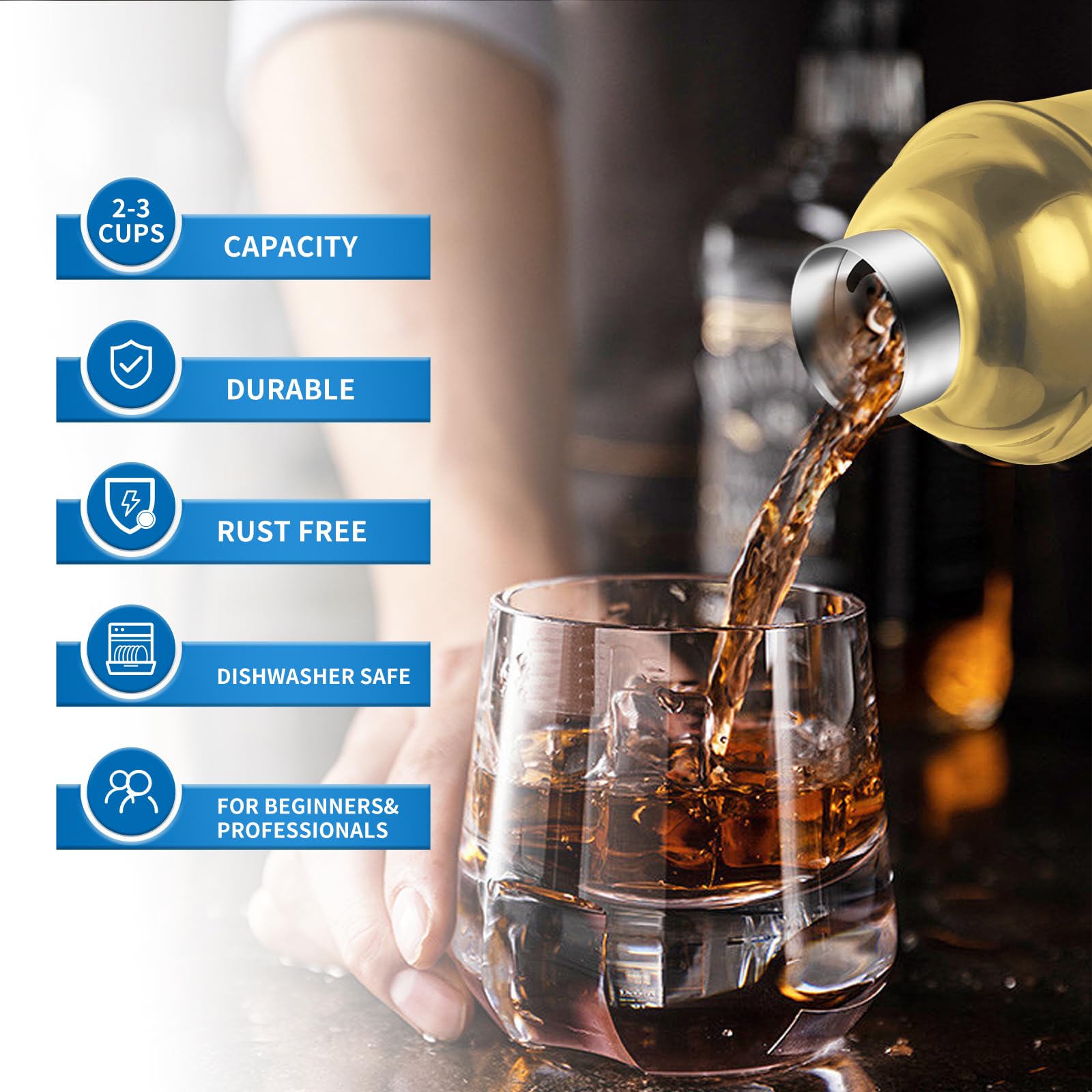 Shaker Da Cocktail Professionale - 680ml, Acciaio Inox, Con Colino E Misurino - Foto 3