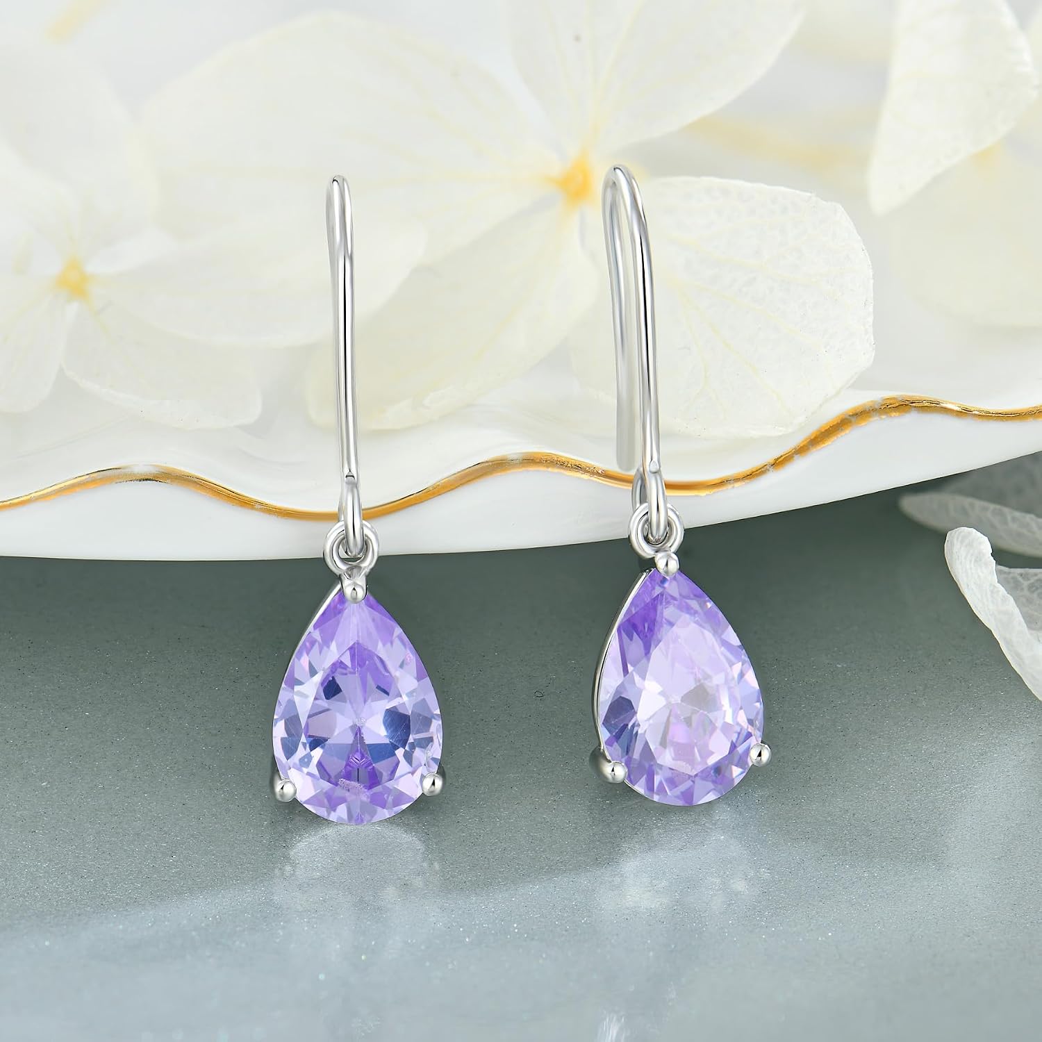 925 Sterling Silver 7x10MM Teardrop Birthstone Earrings, Solitaire Dangle Fish Hook Earrings for Women, Prom Jewelry Gifts