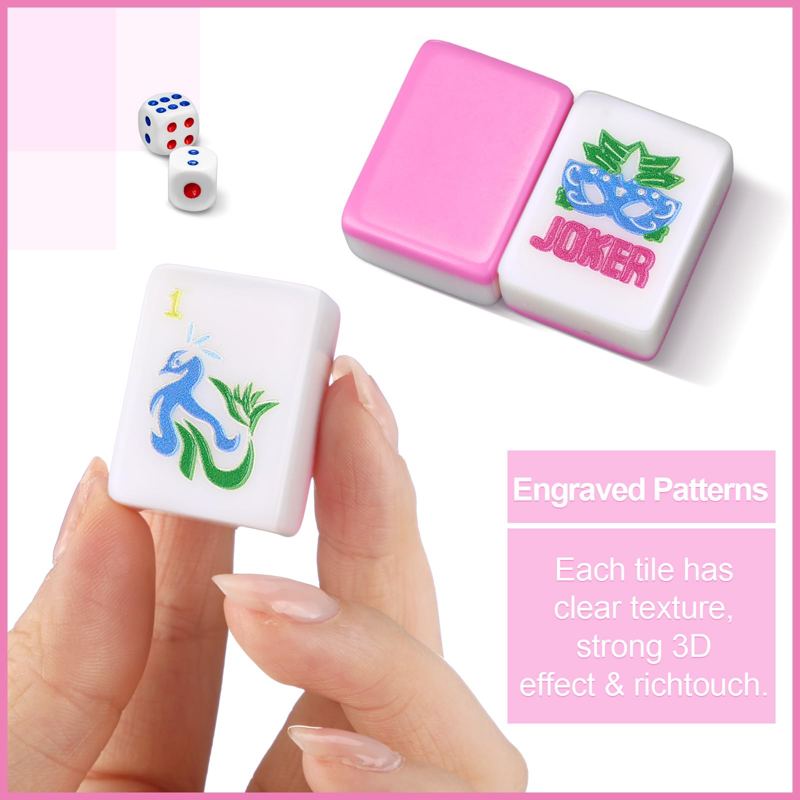 Soulchen Kaleidoscope Mahjong - Juego de 160 azulejos Mahjong de 1.2 pulgadas, juego de azulejos Mahjong rosa americano con bolsa de Mahjong (bambú)